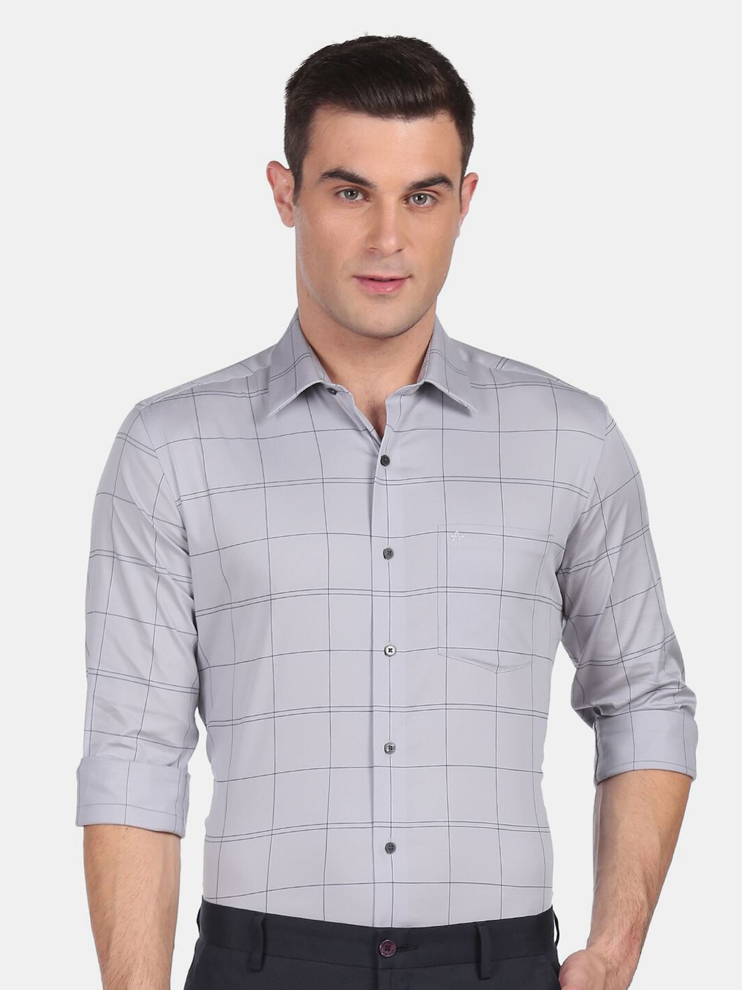 

Arrow New York Men Grey Slim Fit Windowpane Checks Checked Formal Shirt