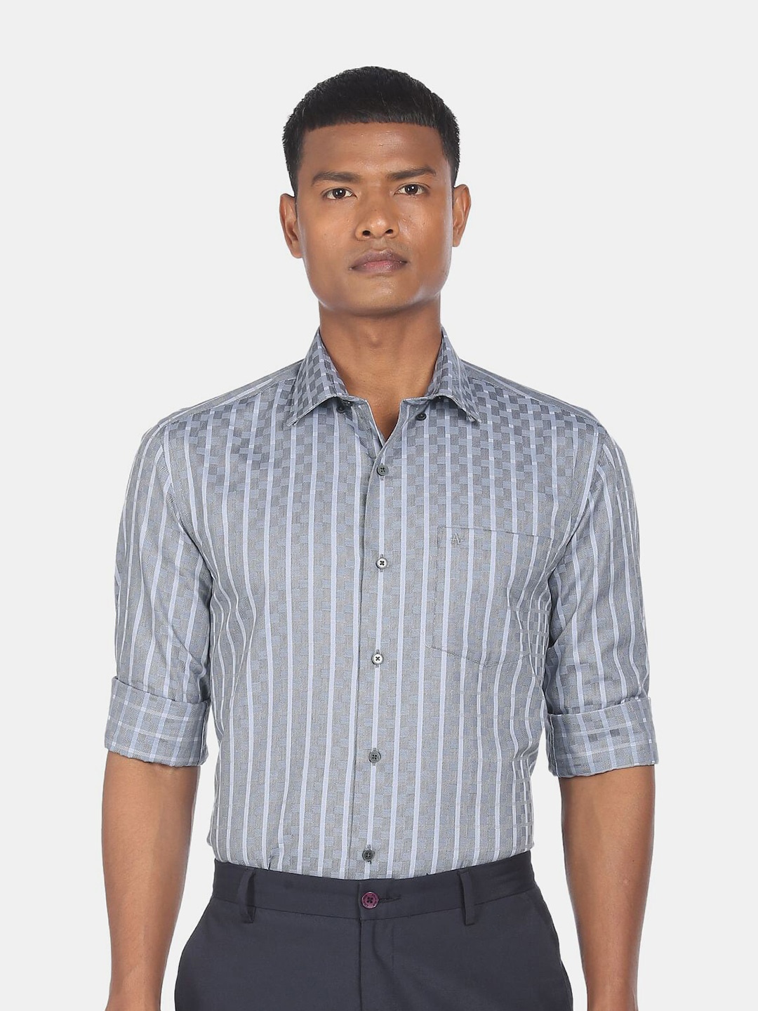 

Arrow New York Men Grey Slim Fit Striped Pure Cotton Formal Shirt