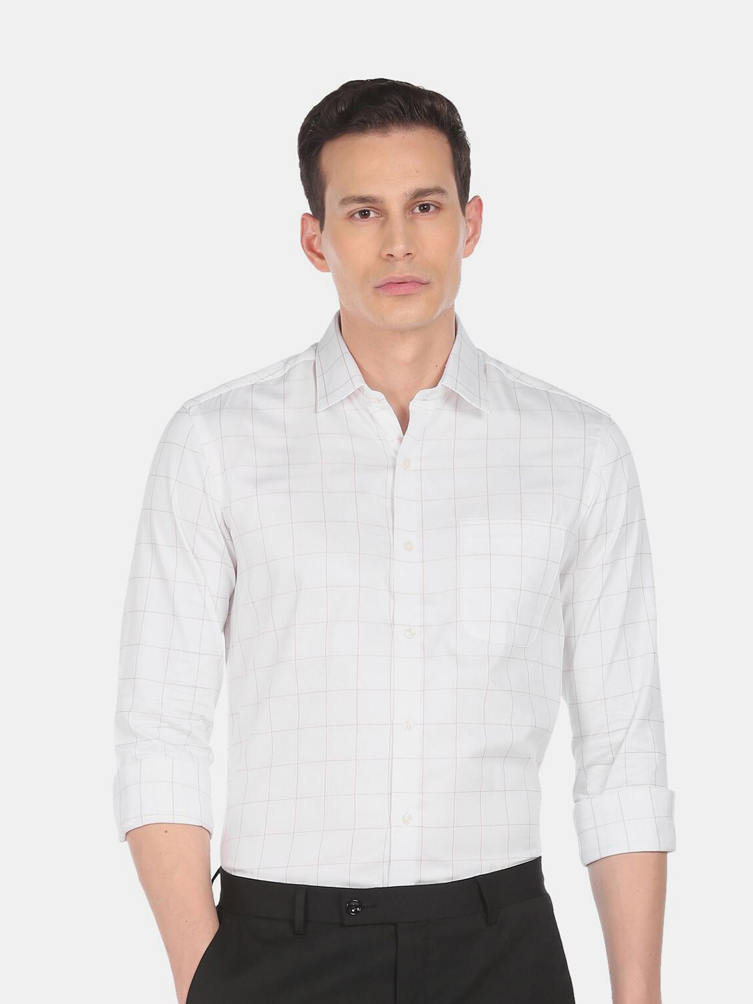 

Arrow Men White Slim Fit Windowpane Checked Formal Pure Cotton Shirt