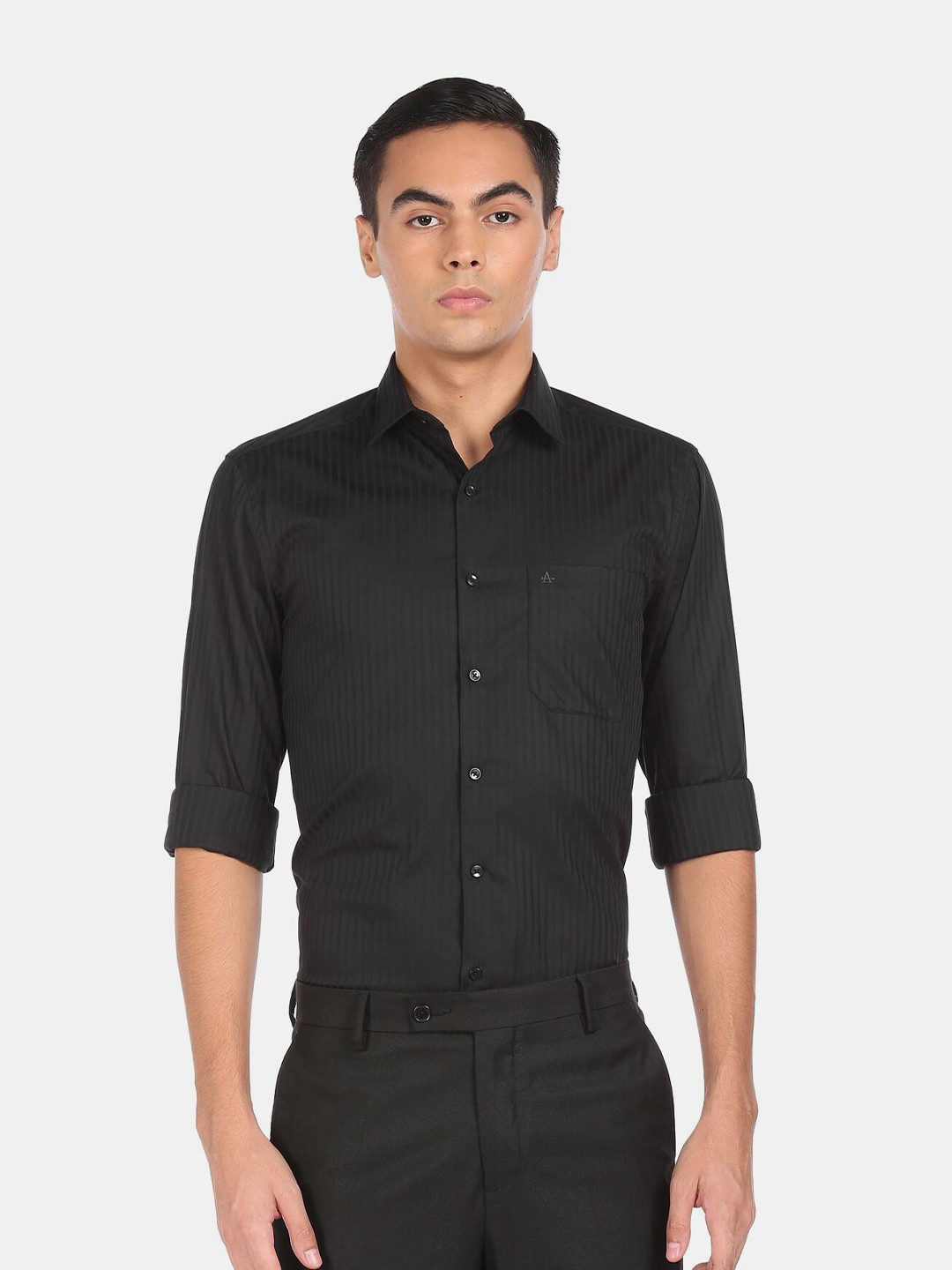 

Arrow Men Black Striped Formal Pure Cotton Shirt