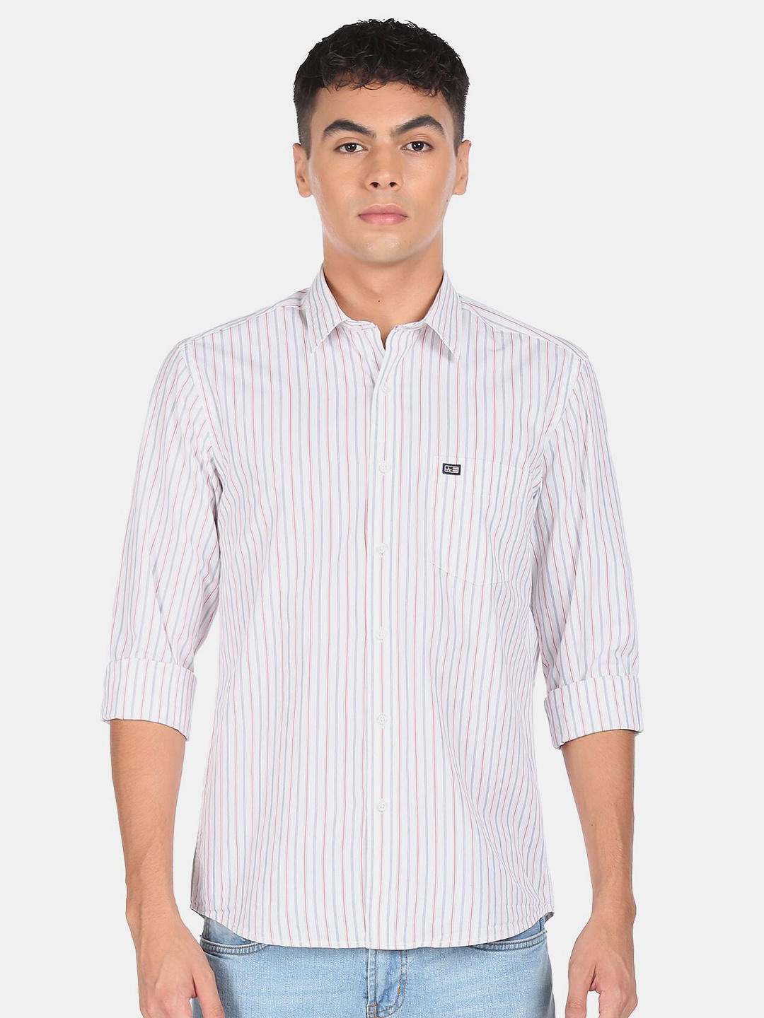 

Arrow Men White And Pink Striped Cotton Casual Shirt