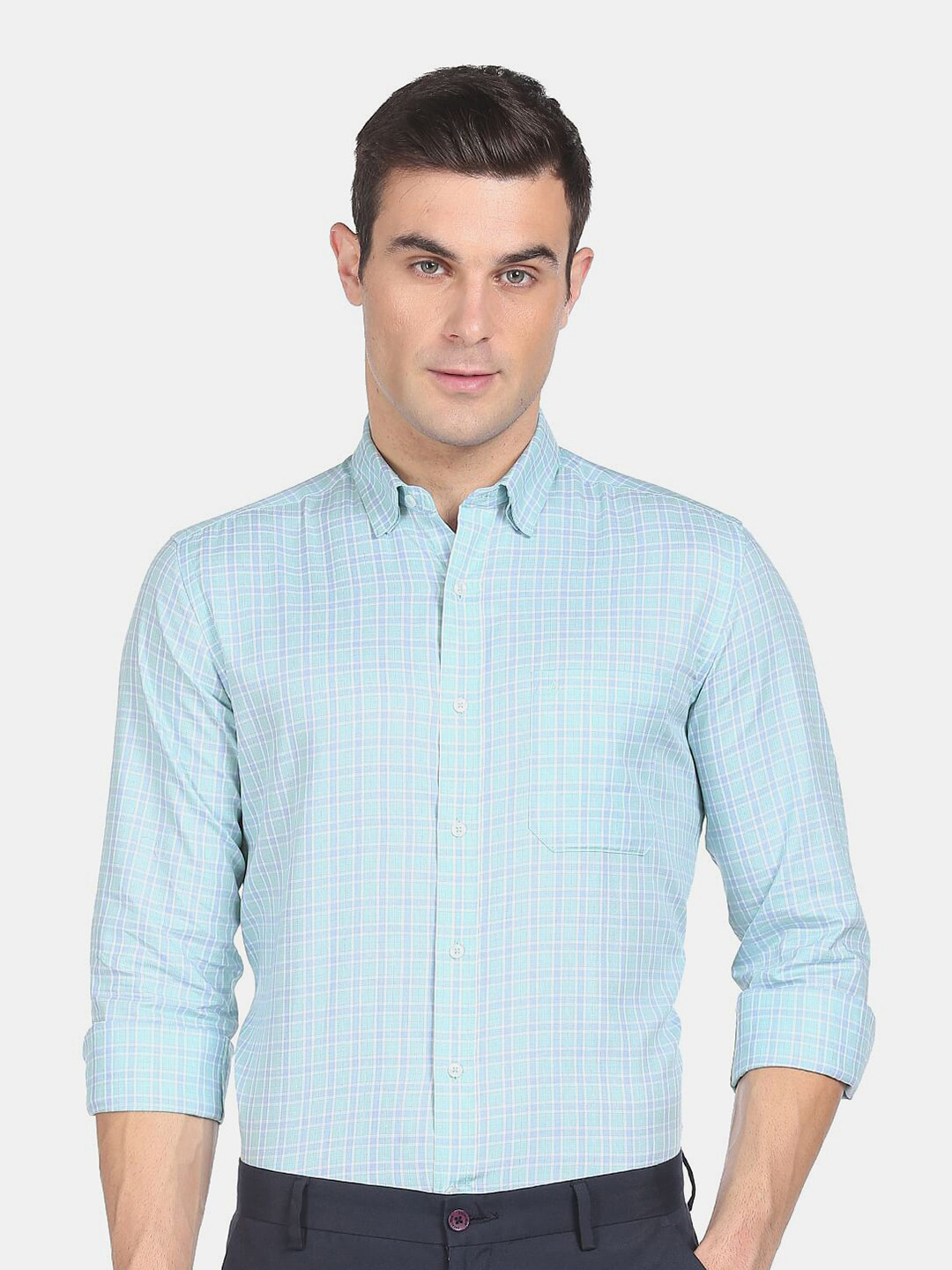 

Arrow Men Blue Slim Fit Grid Tattersall Checks Checked Cotton Formal Shirt