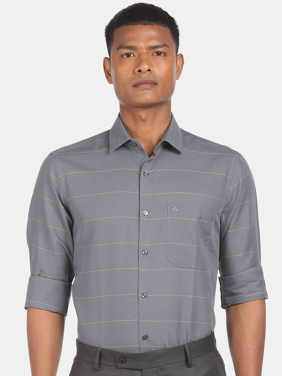 

Arrow Men Grey Horizontal Stripes Striped Linen Formal Shirt
