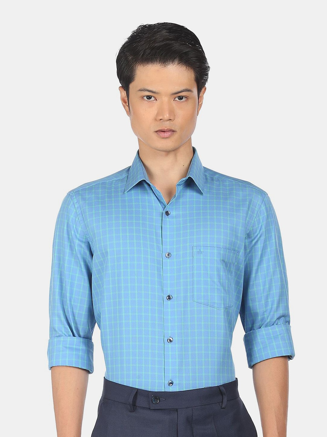 

Arrow Men Blue Slim Fit Grid Tattersall Checks Checked Cotton Formal Shirt