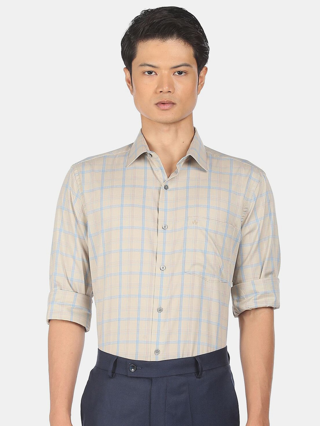 

Arrow Men Beige Slim Fit Checked Pure Cotton Formal Shirt