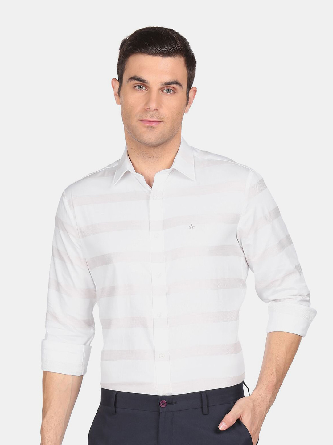 

Arrow Men White Pure Cotton Horizontal Stripes Formal Shirt