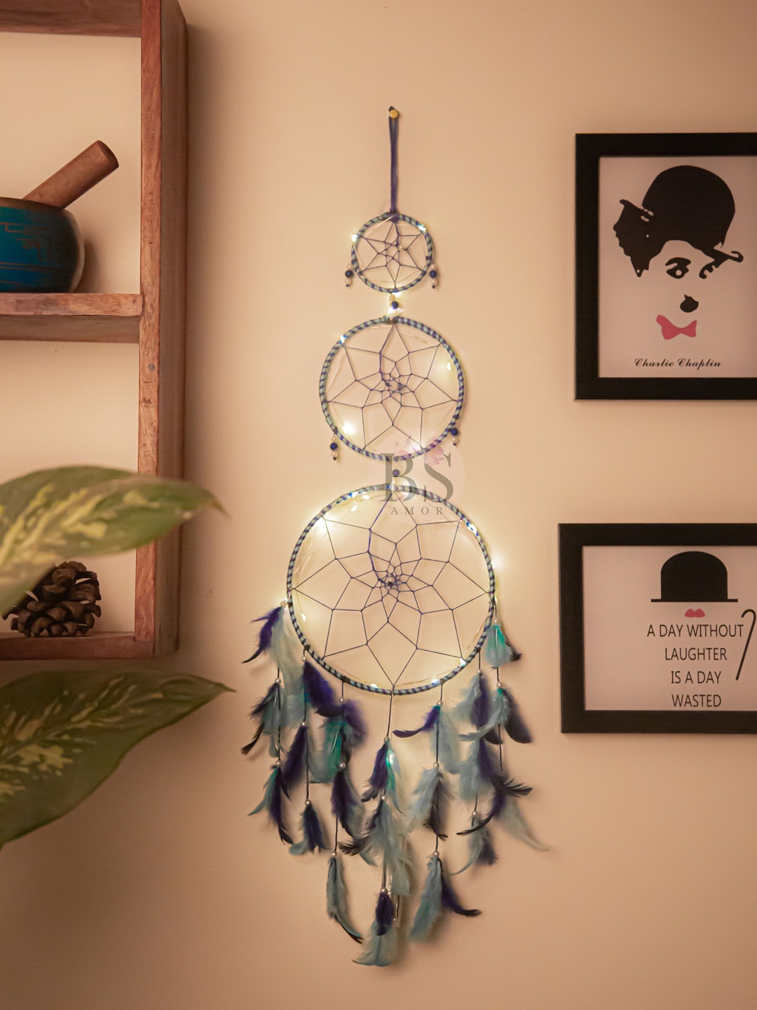 

BS AMOR Dream Catcher With Fairy Lights, Blue