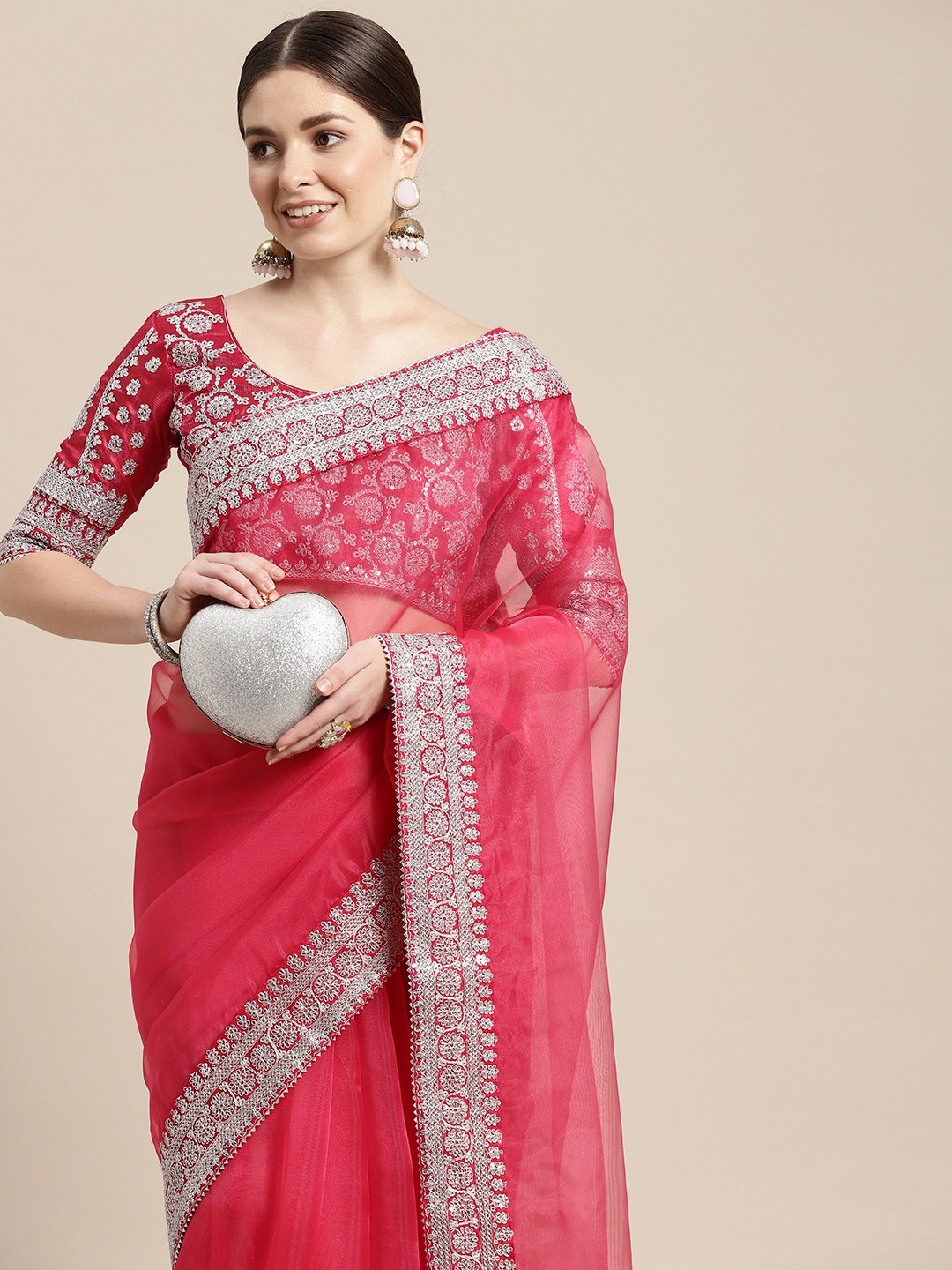 

VAIRAGEE Sequinned Organza Celebrity Saree, Pink