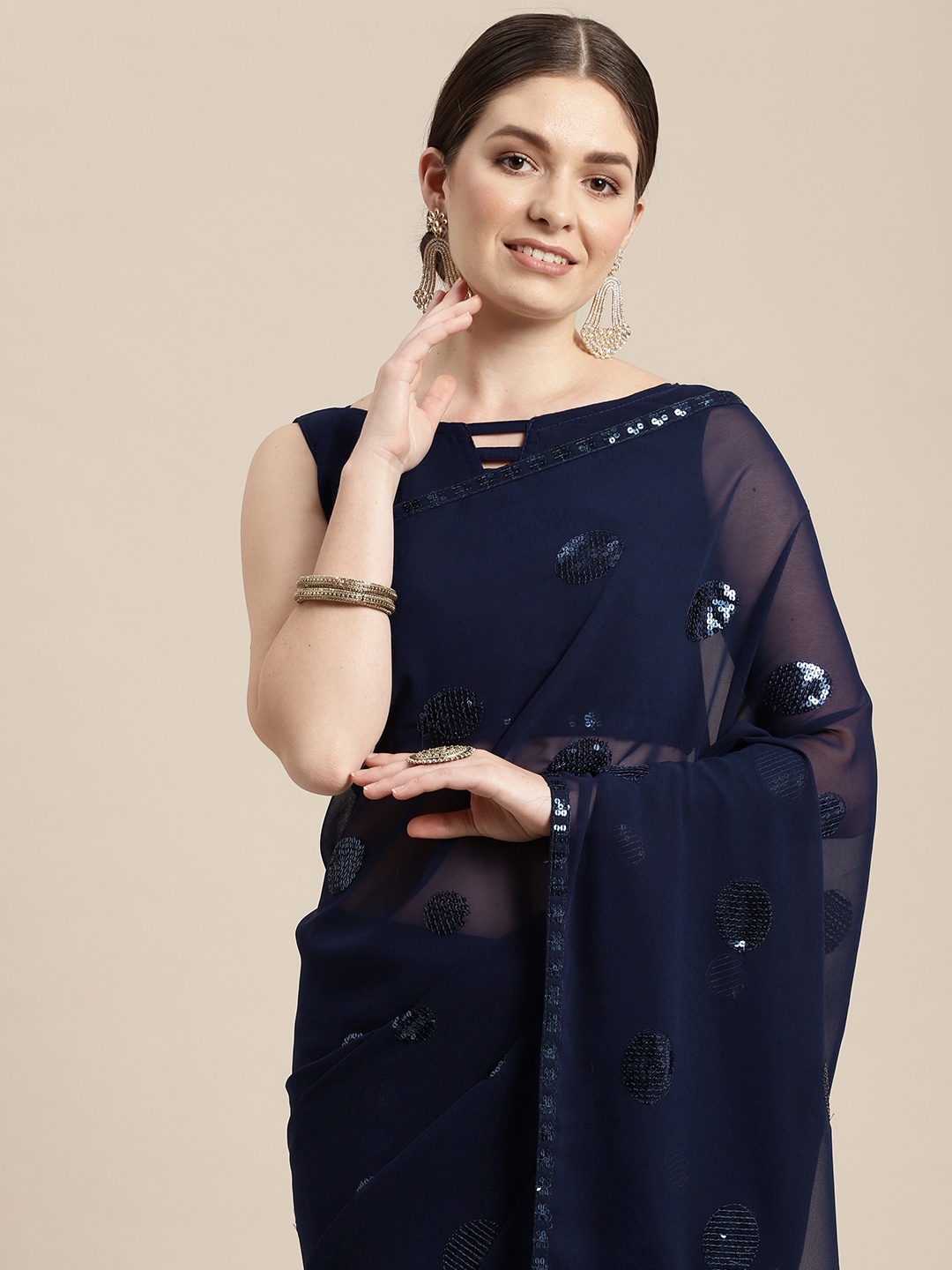 

VAIRAGEE Navy Blue Embellished Sequinned Celebrity Saree