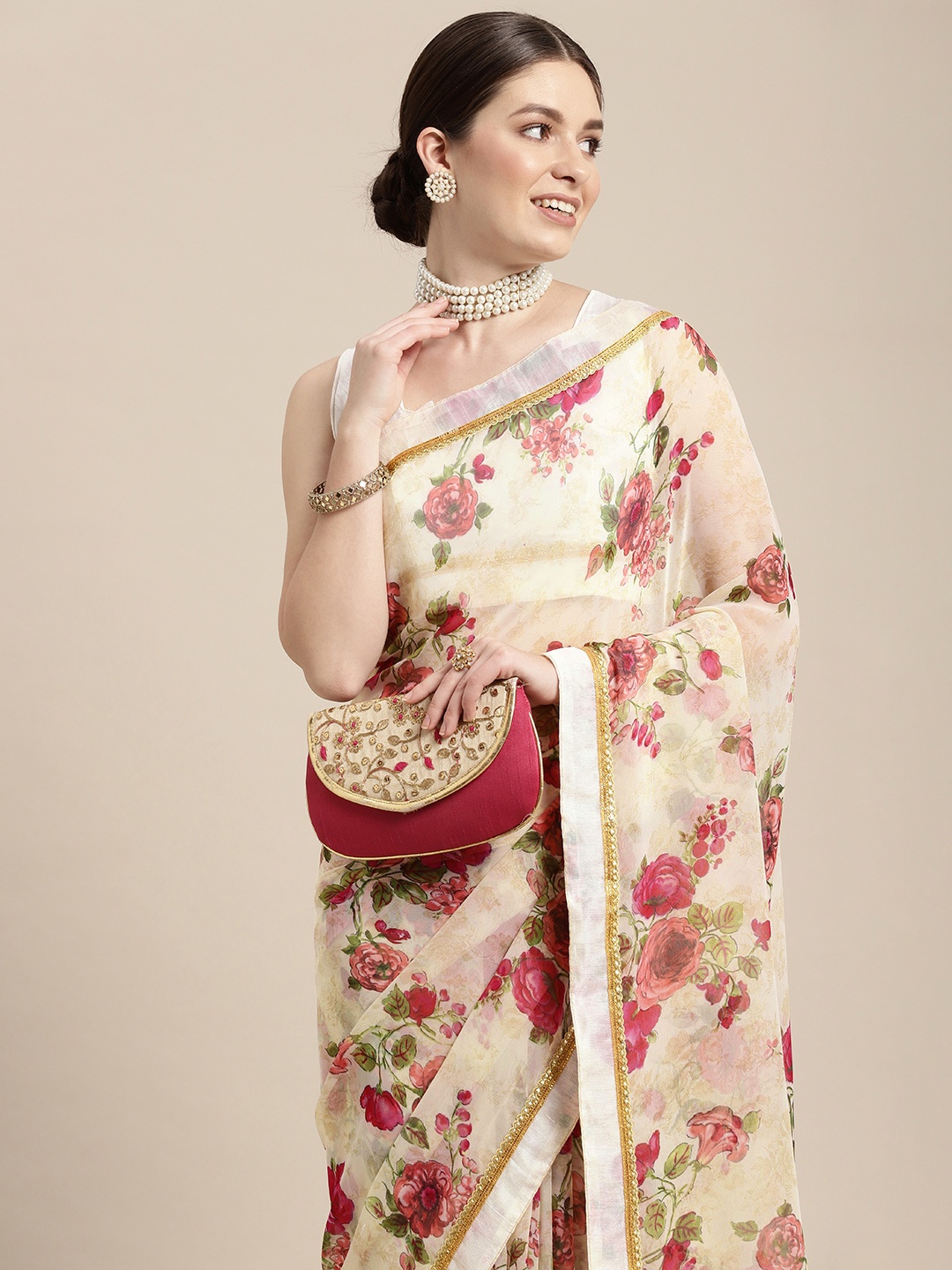 

VAIRAGEE Floral Print Gotta Patti Celebrity Saree, Off white