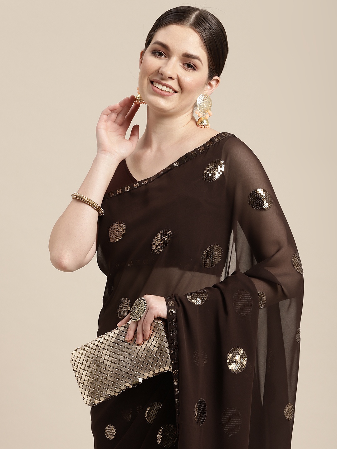 

VAIRAGEE Embellished Sequinned Celebrity Saree, Coffee brown