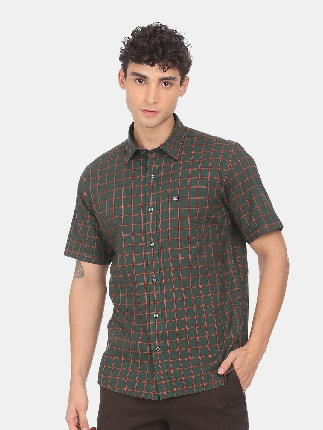 Arrow Sport Men Green Windowpane Checks Checked Pure Cotton Casual Shirt
