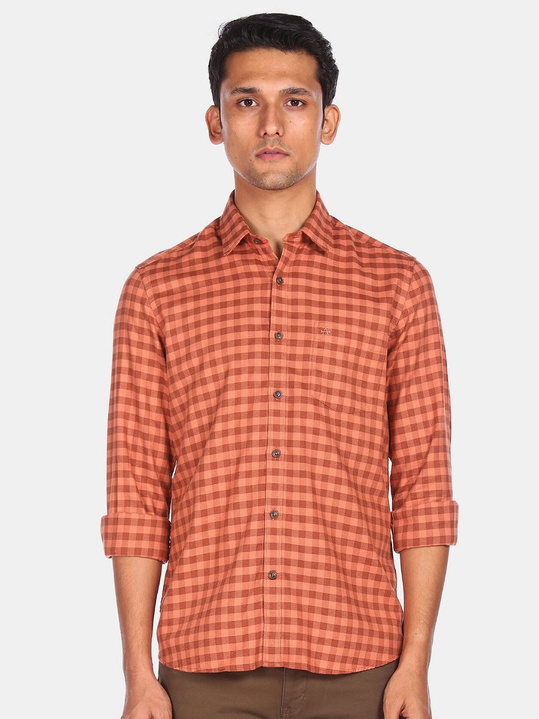 

Arrow Sport Men Orange Checked Pure Cotton Casual Shirt