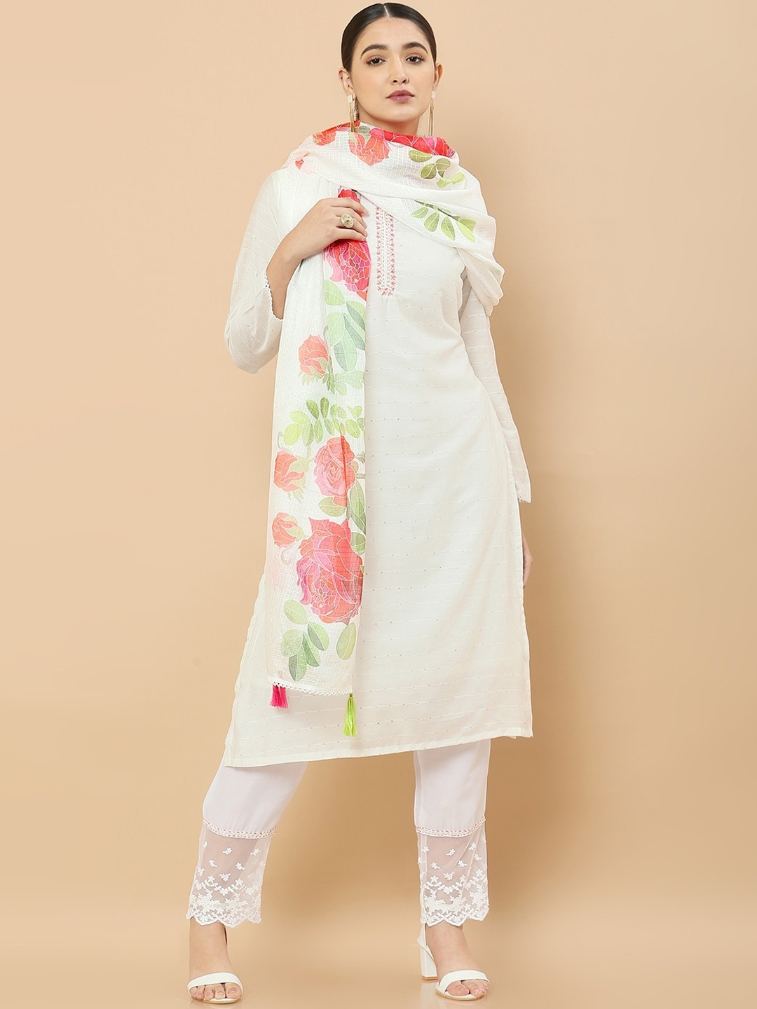 

Soch Women Pure Silk Kurta with Trousers & With Dupatta, White