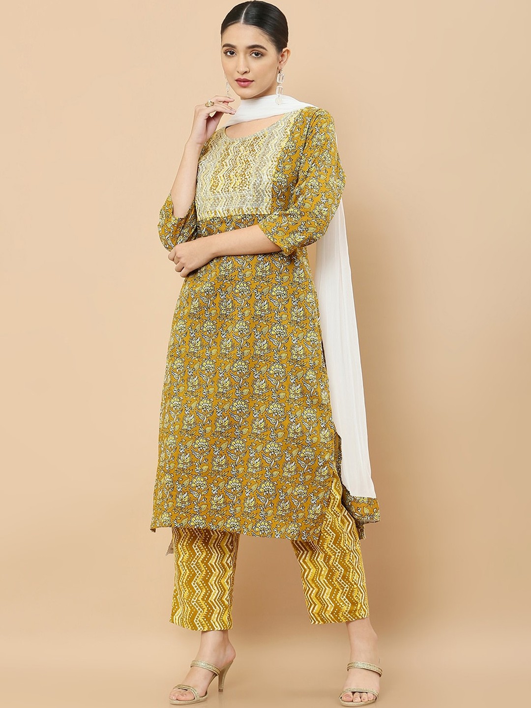 

Soch Women Floral Printed Pure Cotton Kurta with Trouser & With Dupatta, Olive