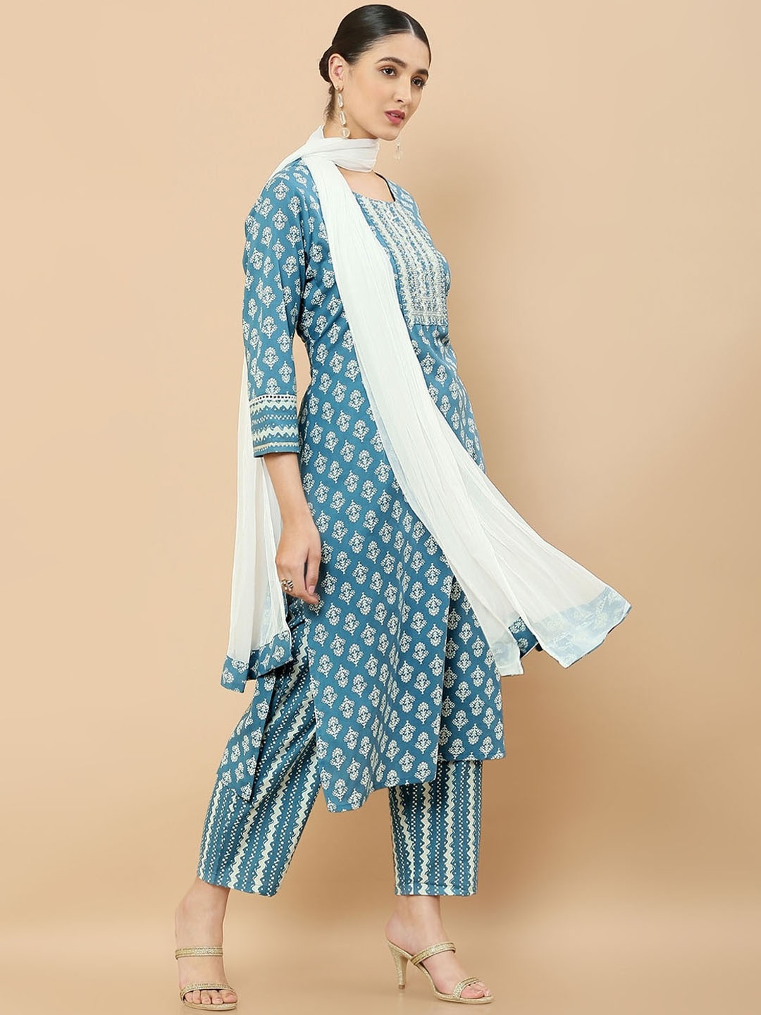 

Soch Women Ethnic Motifs Printed Pure Cotton Kurta with Trouser & With Dupatta, Blue