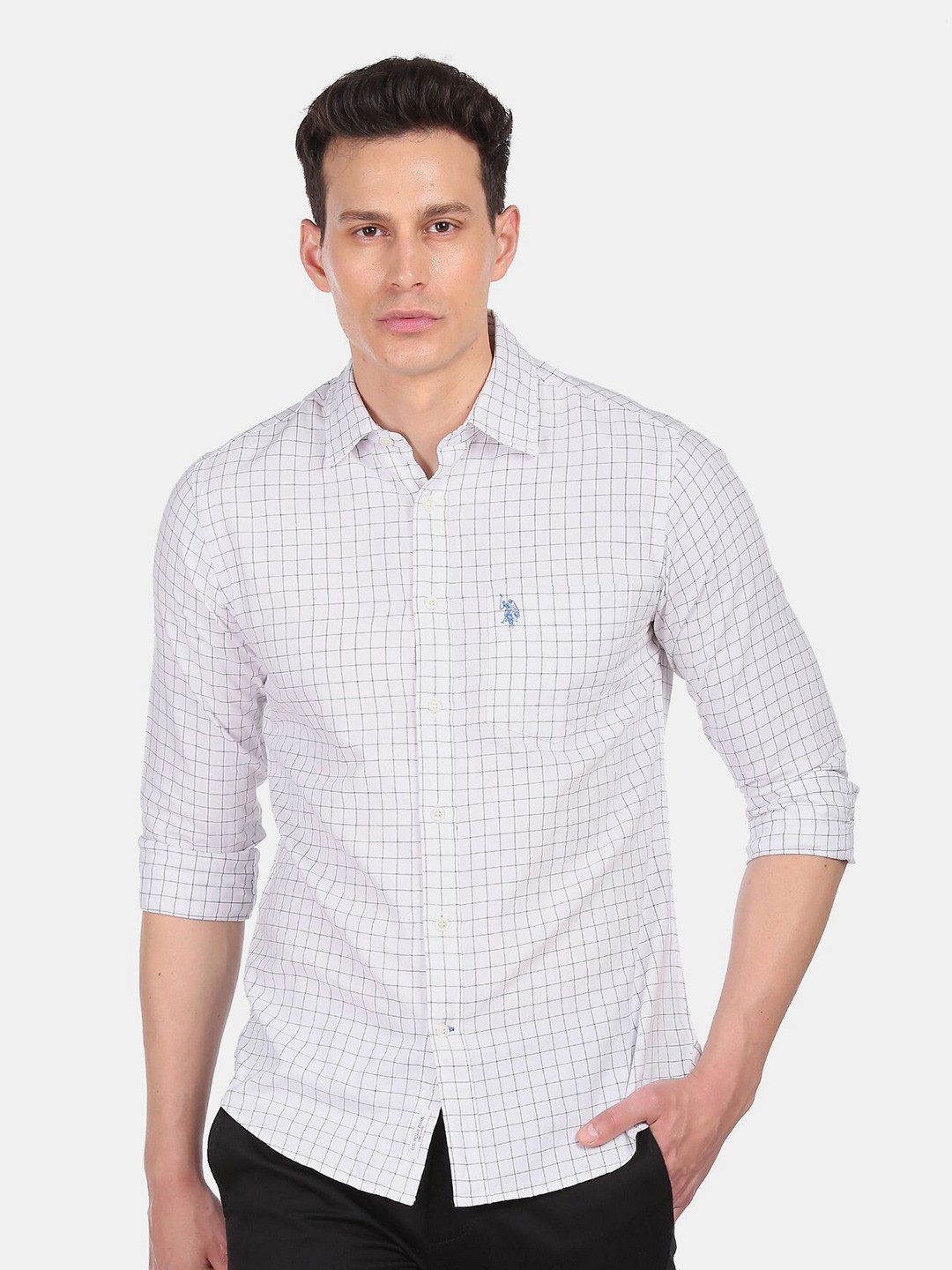 

U.S. Polo Assn. Men White Grid Tattersall Checks Checked Cotton Casual Shirt