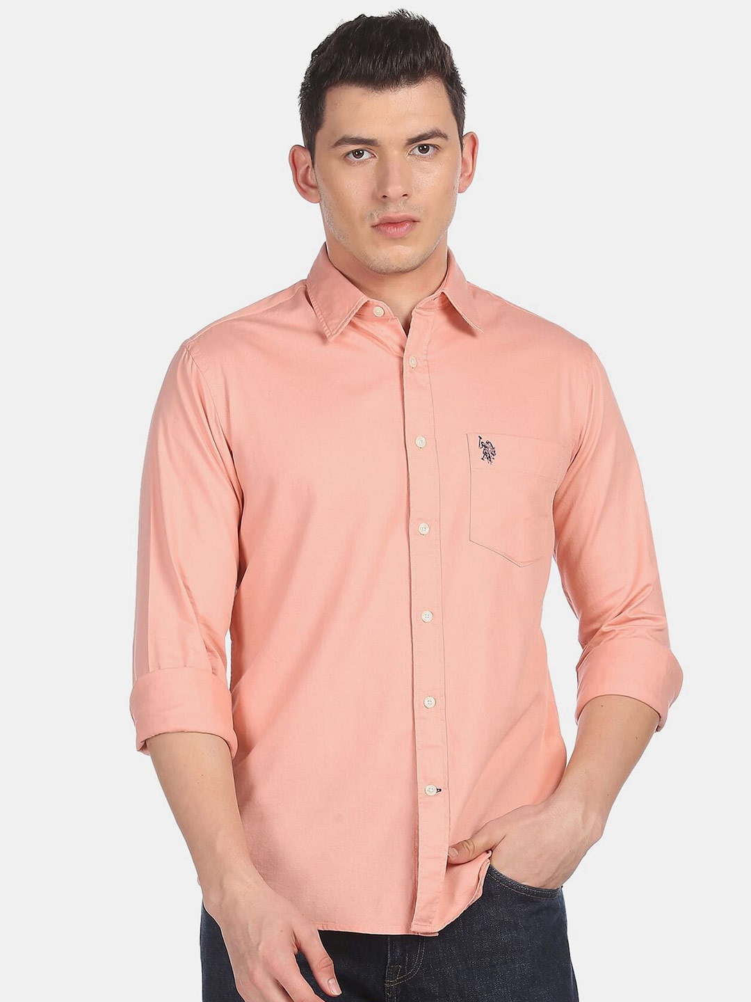 

U S Polo Assn Men Peach Solid Cotton Casual Shirt