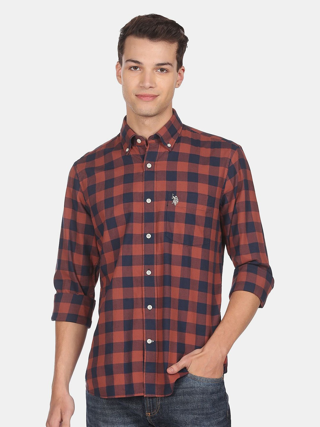 

U S Polo Assn Men Brown Buffalo Checks Checked Cotton Casual Shirt