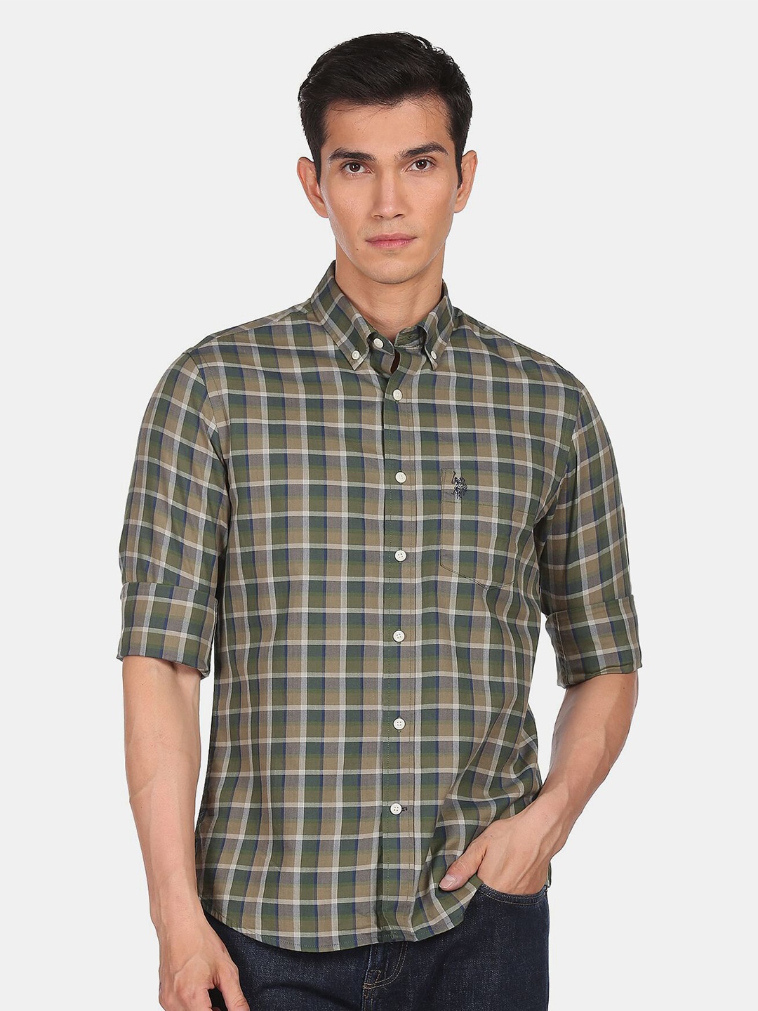 

U S Polo Assn Men Green Tartan Checks Checked Cotton Casual Shirt