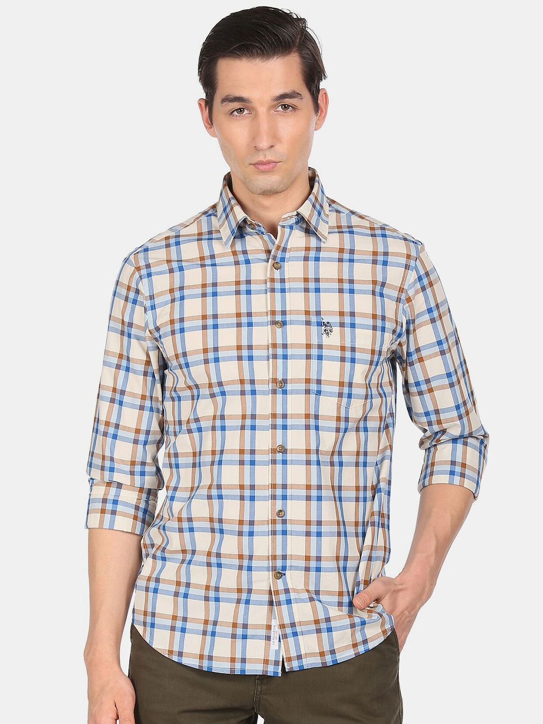 

U S Polo Assn Men Beige Tartan Checks Checked Cotton Casual Shirt