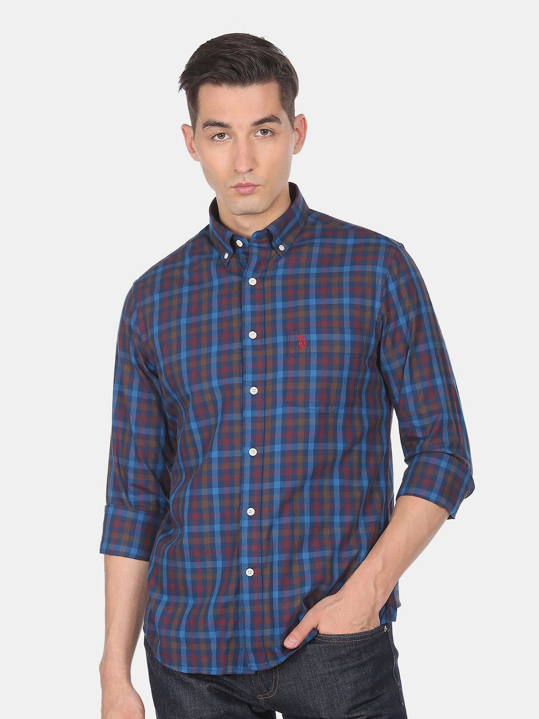 

U S Polo Assn Men Blue Tartan Checks Checked Cotton Casual Shirt