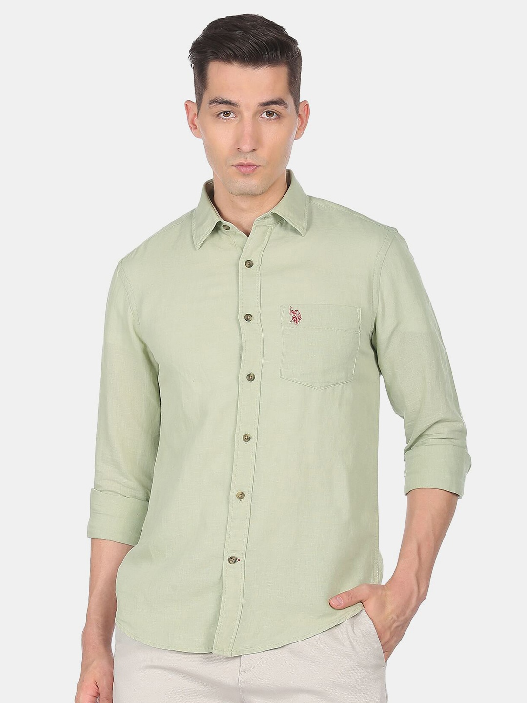 

U S Polo Assn Men Green Solid Casual Shirt