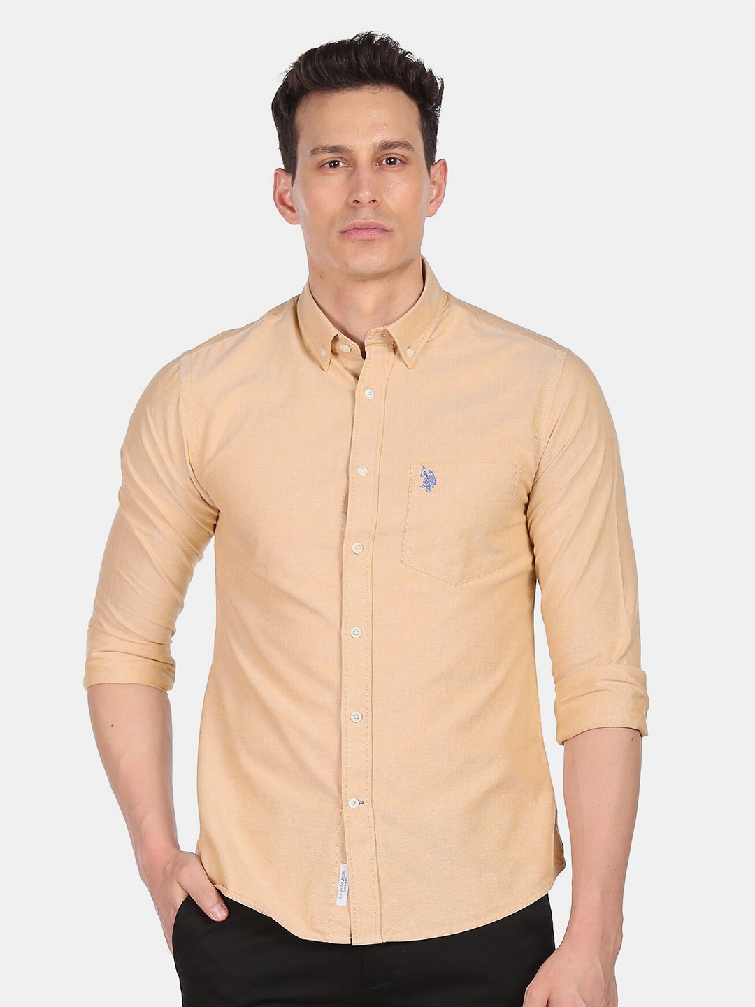 

U S Polo Assn Men Beige Solid Cotton Casual Shirt
