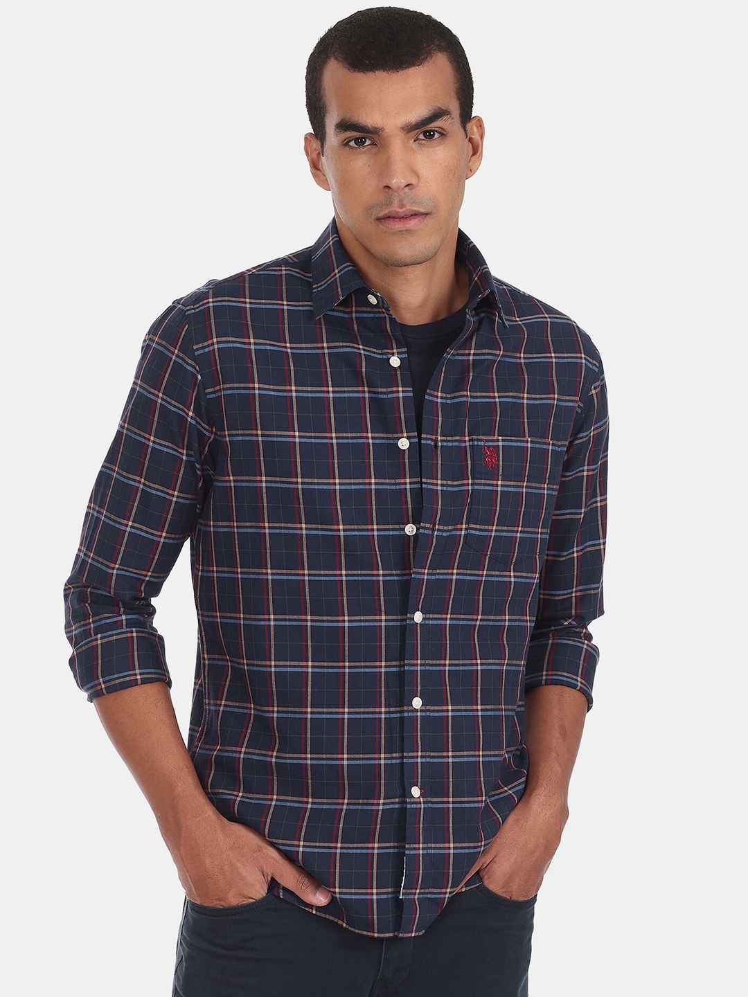 

U S Polo Assn Men Blue Tartan Checked Pure Cotton Casual Shirt