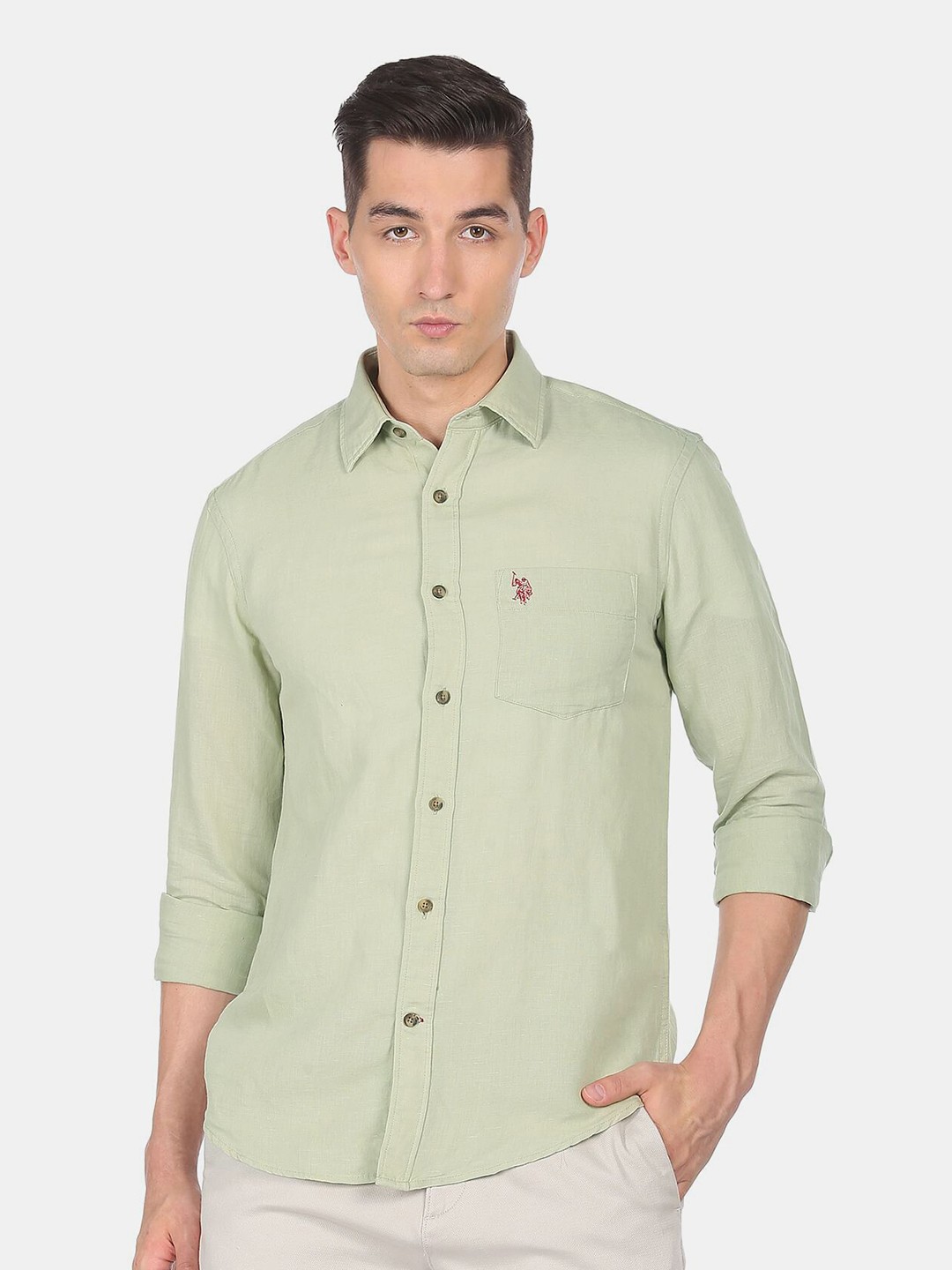 

U S Polo Assn Men Green Solid Casual Shirt