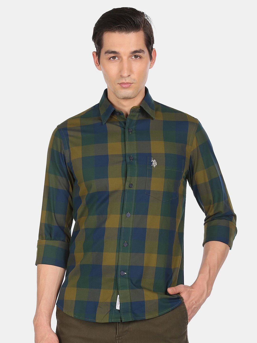 

U S Polo Assn Men Green Buffalo Checked Pure Cotton Casual Shirt