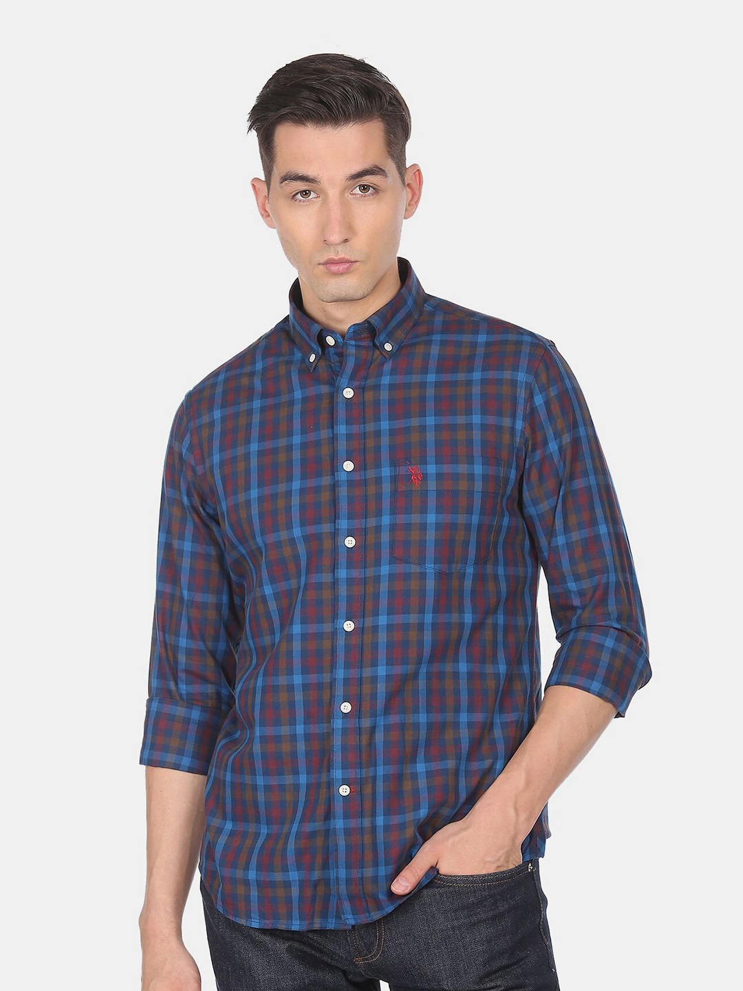 

U S Polo Assn Men Blue Tartan Checked Pure Cotton Casual Shirt