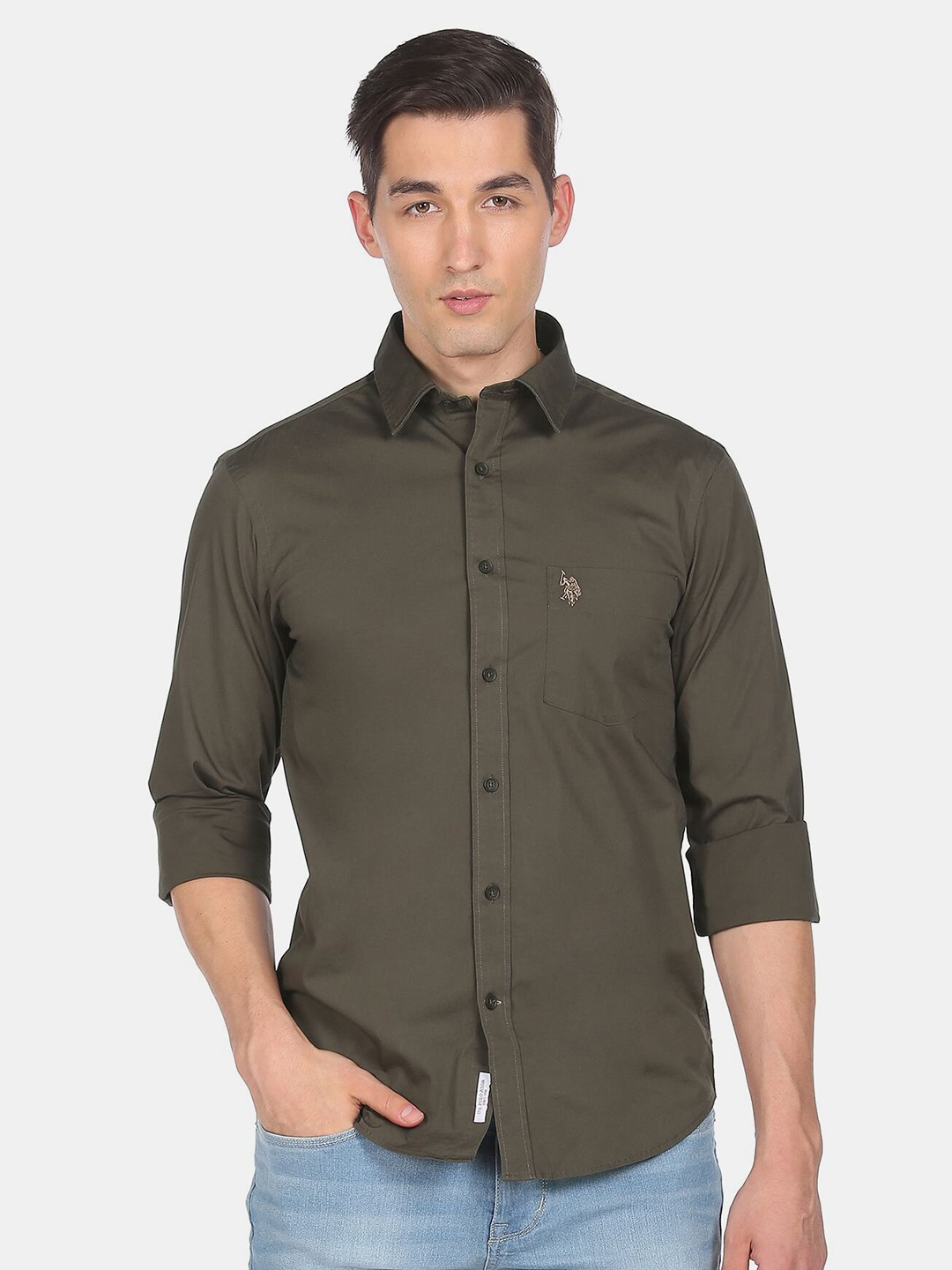 

U S Polo Assn Men Green Solid Casual Shirt