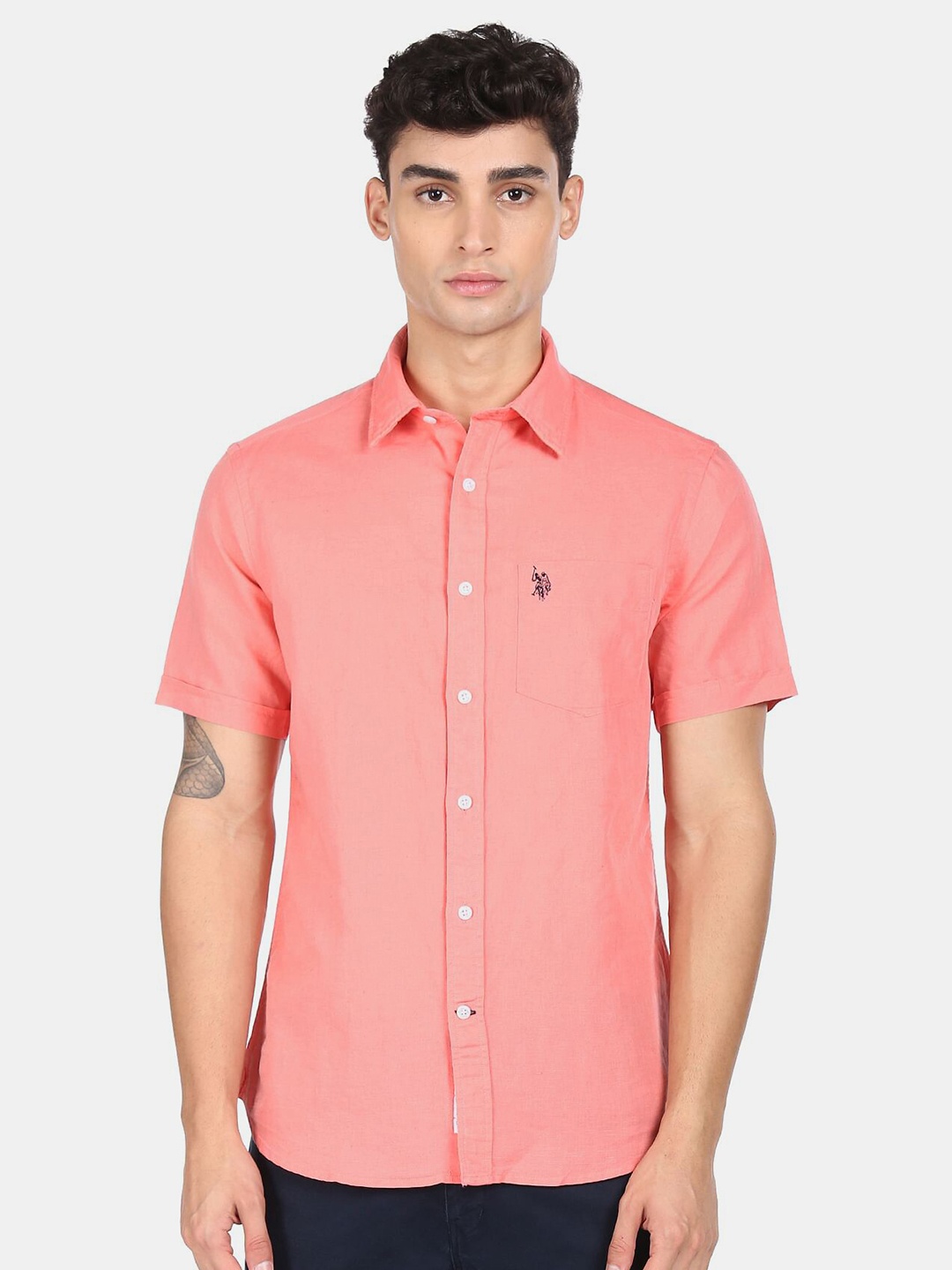 U S Polo Assn Men Orange Solid Casual Shirt