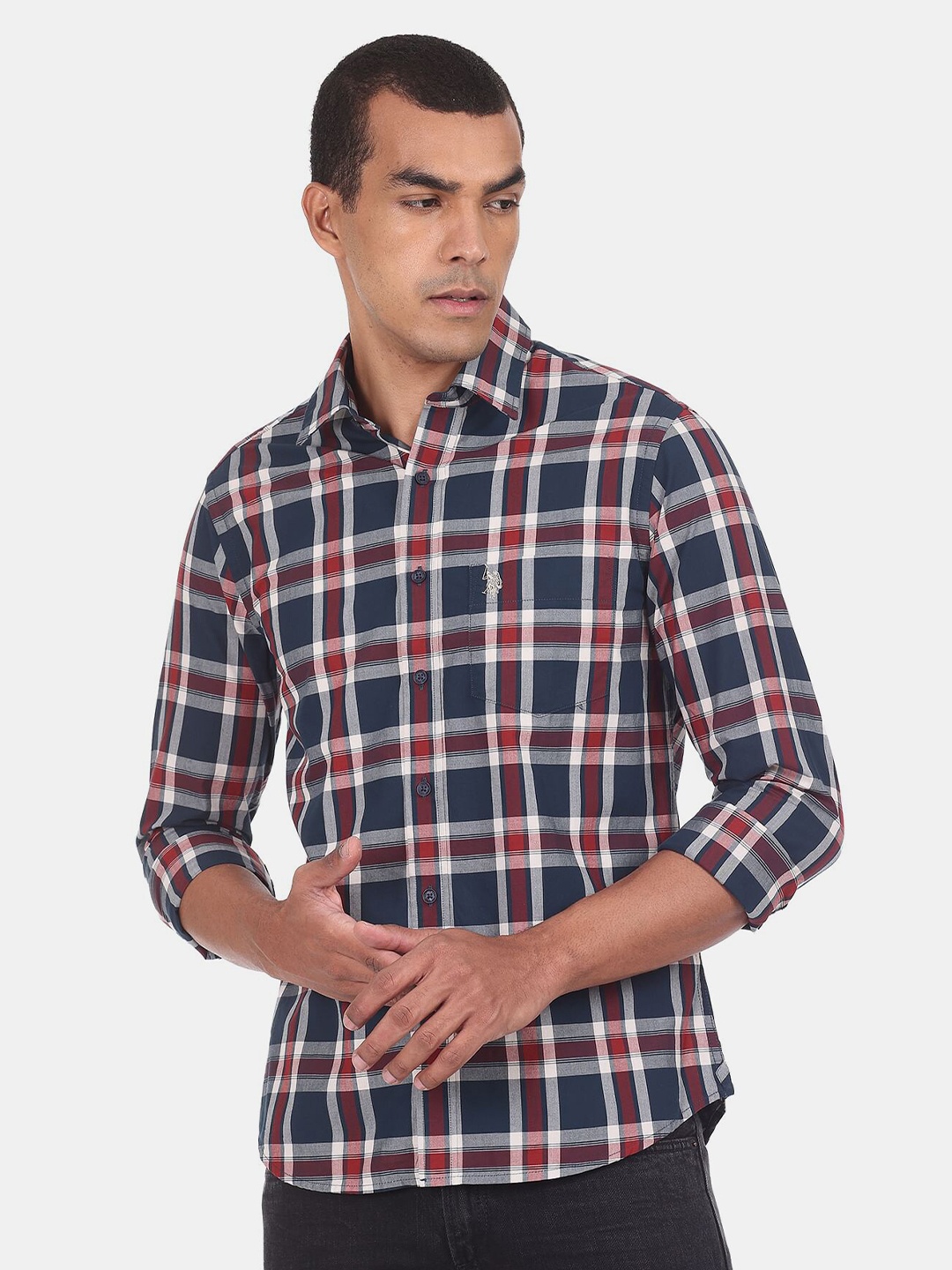 

U S Polo Assn Men Blue Tartan Checked Pure Cotton Casual Shirt
