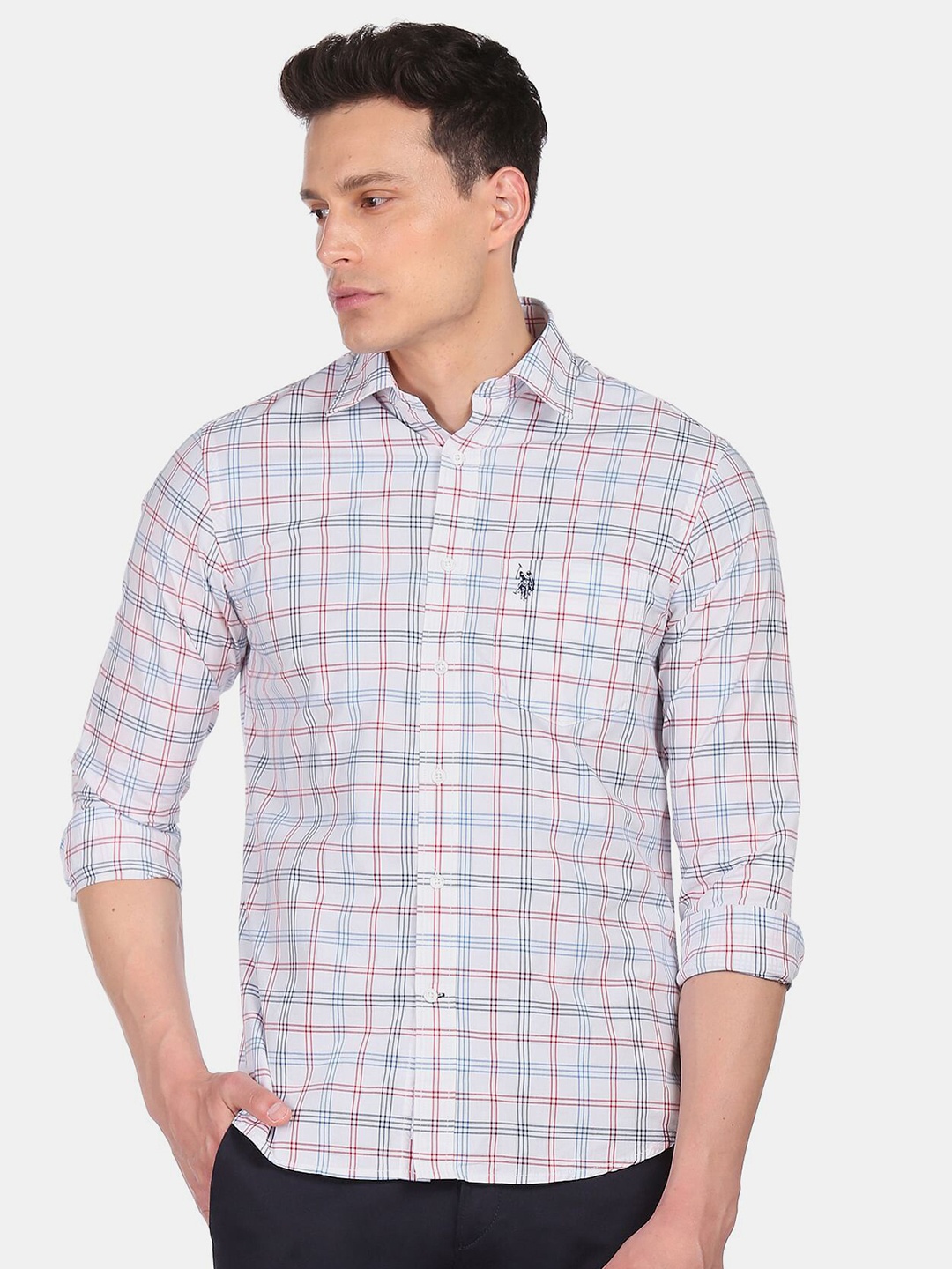 

U S Polo Assn Men White Tartan Checked Pure Cotton Casual Shirt