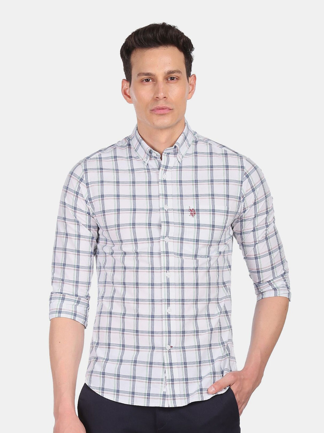 

U S Polo Assn Men White Checked Pure Cotton Casual Shirt