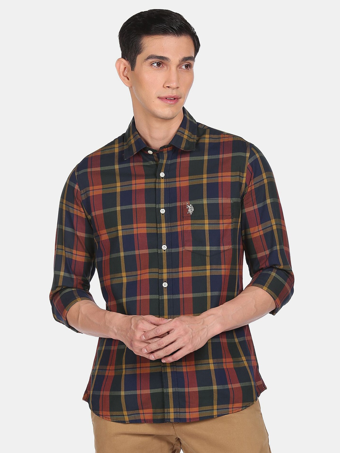 

U S Polo Assn Men Blue Tartan Checked Pure Cotton Casual Shirt