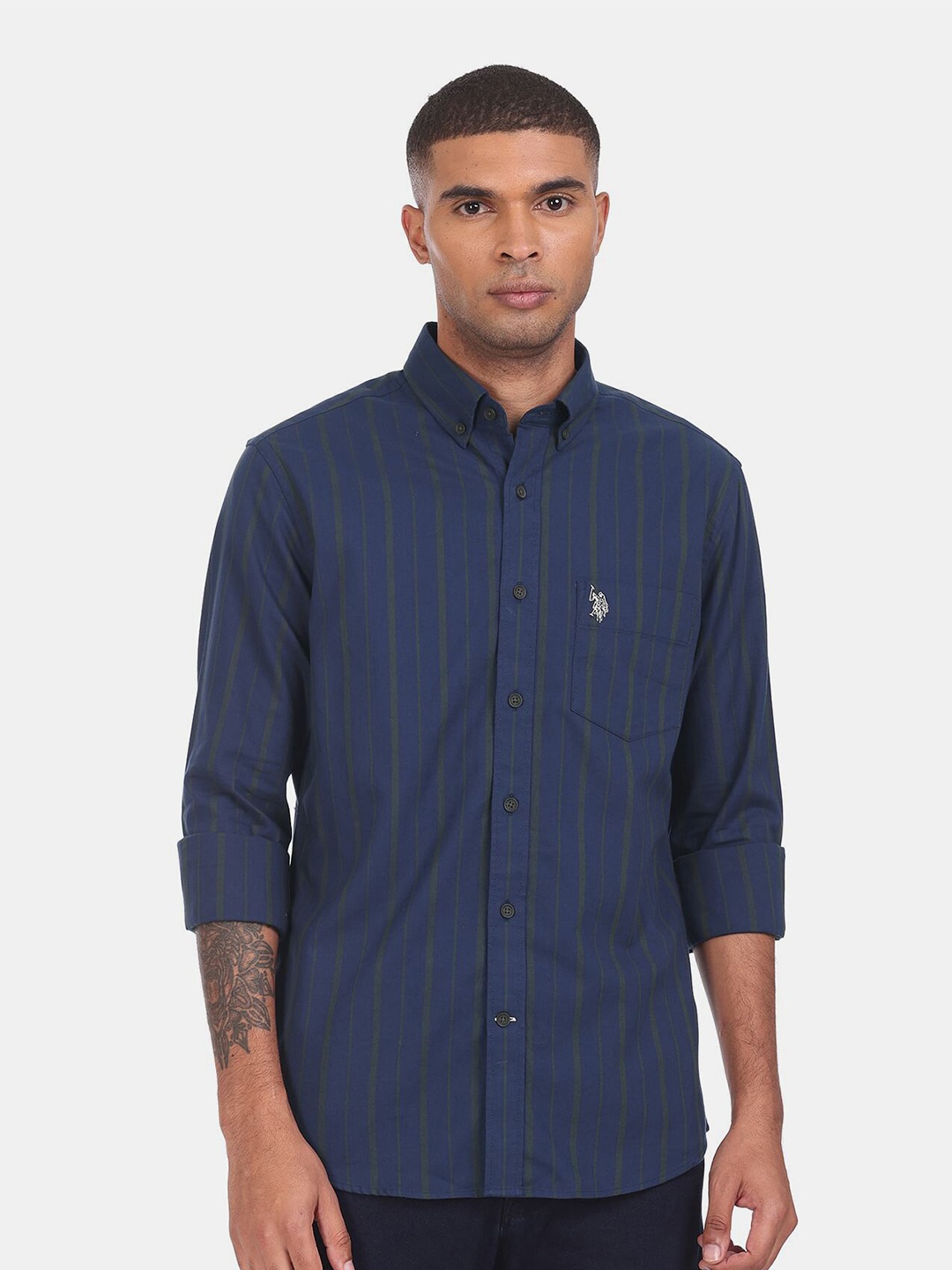 

U.S. Polo Assn. Men Blue Striped Pure Cotton Casual Shirt
