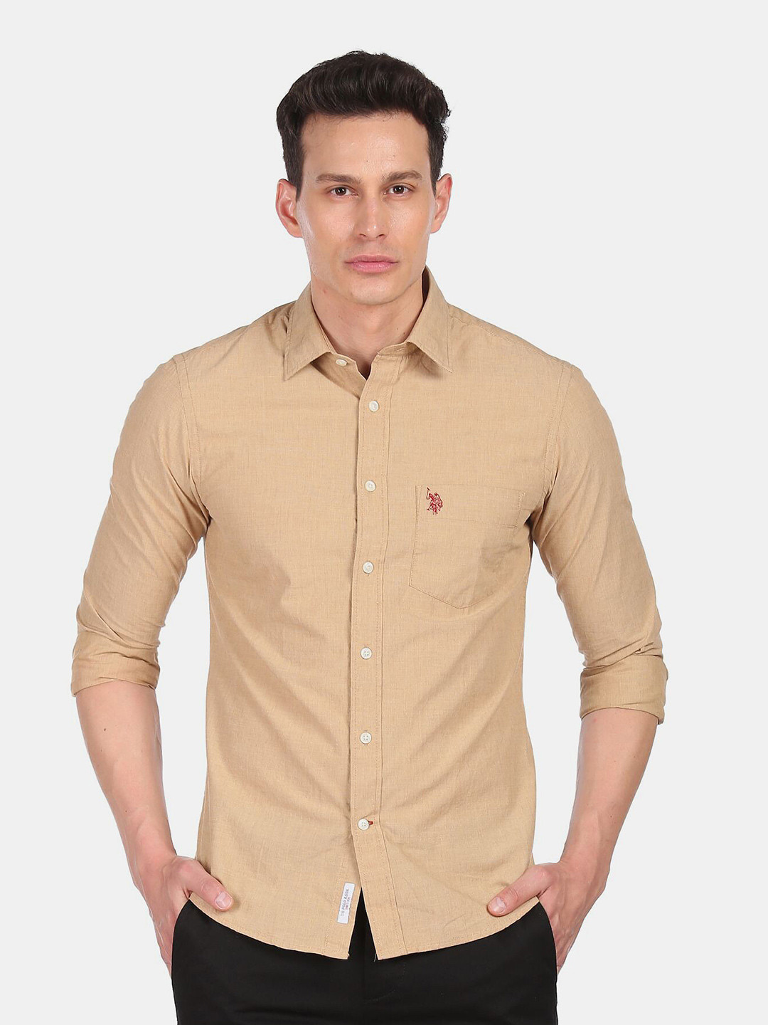 

U S Polo Assn Men Beige Solid Pure Cotton Casual Shirt