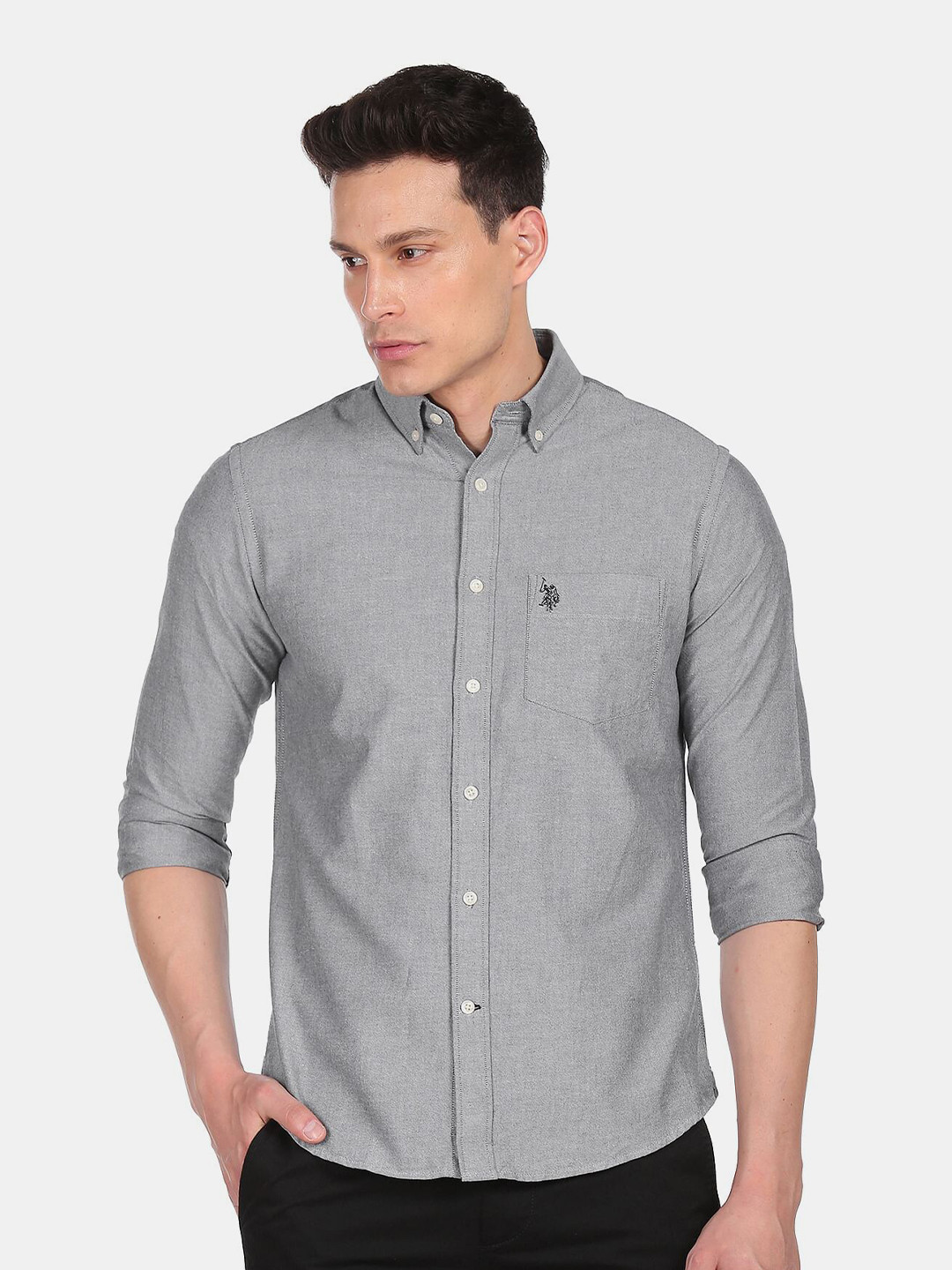 

U S Polo Assn Men Grey Button Down Regular Fit Cotton Casual Shirt