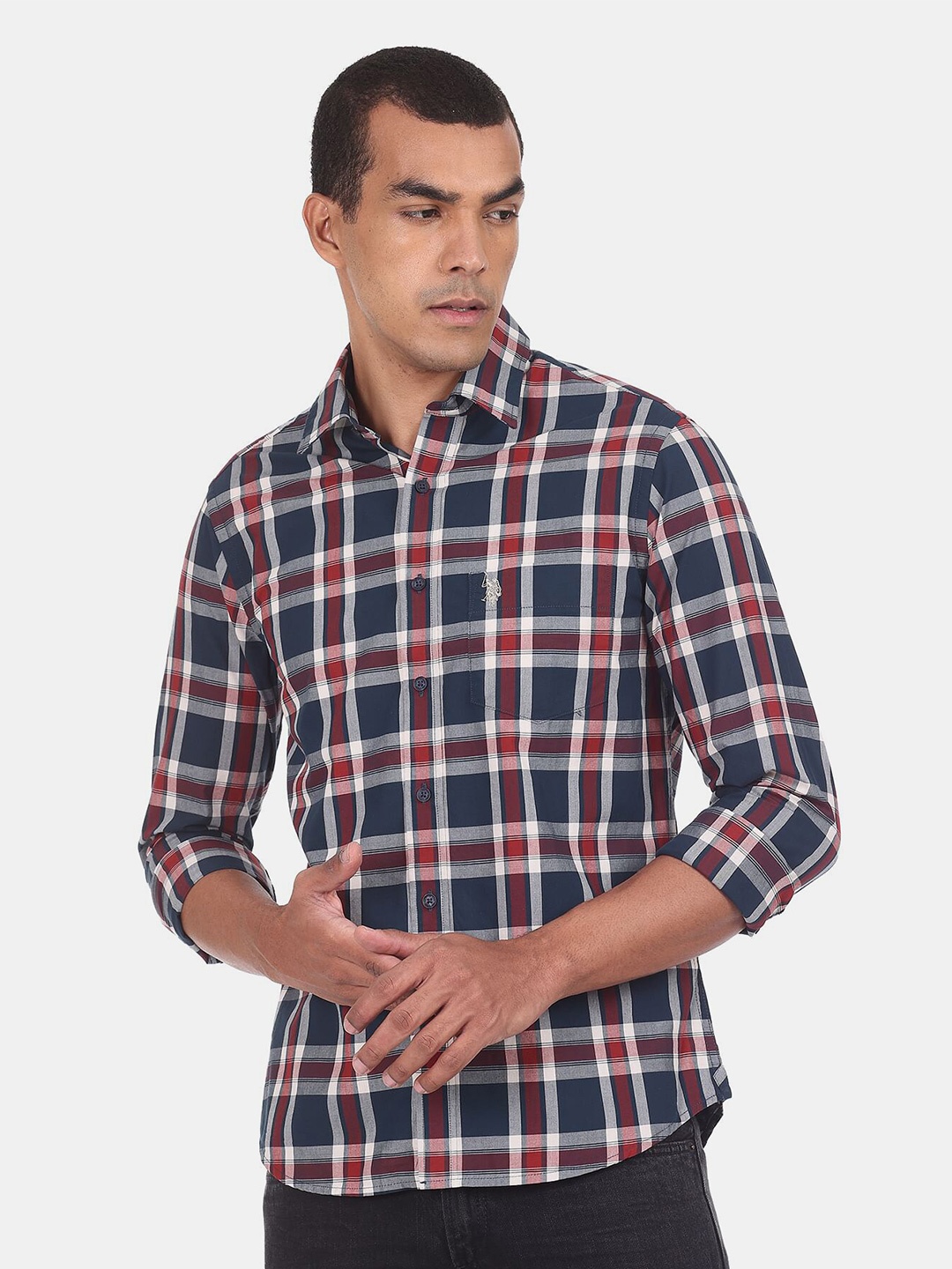

U S Polo Assn Men Teal Blue Regular Fit Checked Cotton Casual Shirt