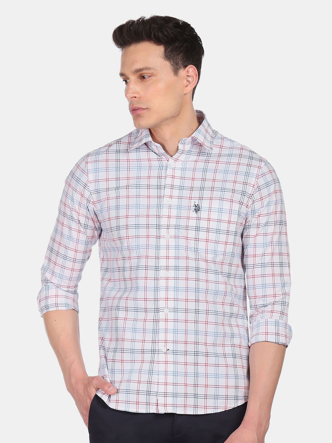 

U S Polo Assn Men White Regular Fit Checked Cotton Casual Shirt