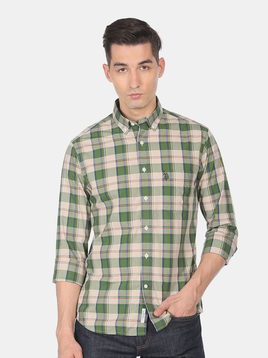 

U S Polo Assn Men Green Button Down Collar Tartan Checks Cotton Casual Shirt