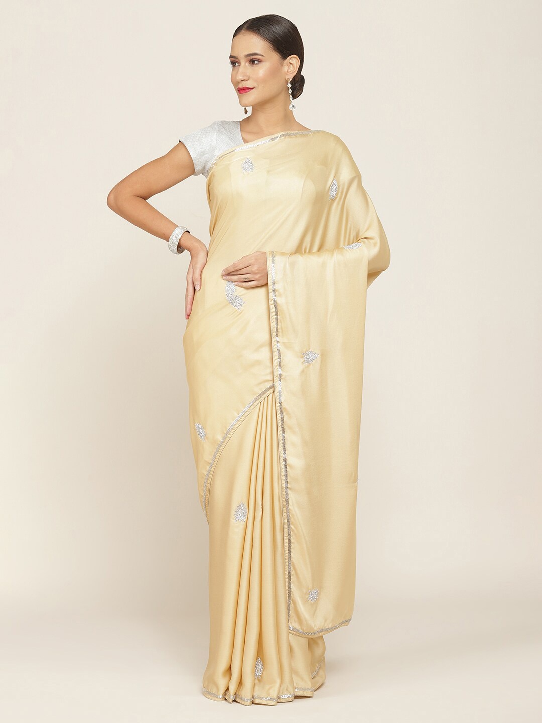 

Soch Beige & Silver-Toned Ethnic Motifs Pure Crepe Saree