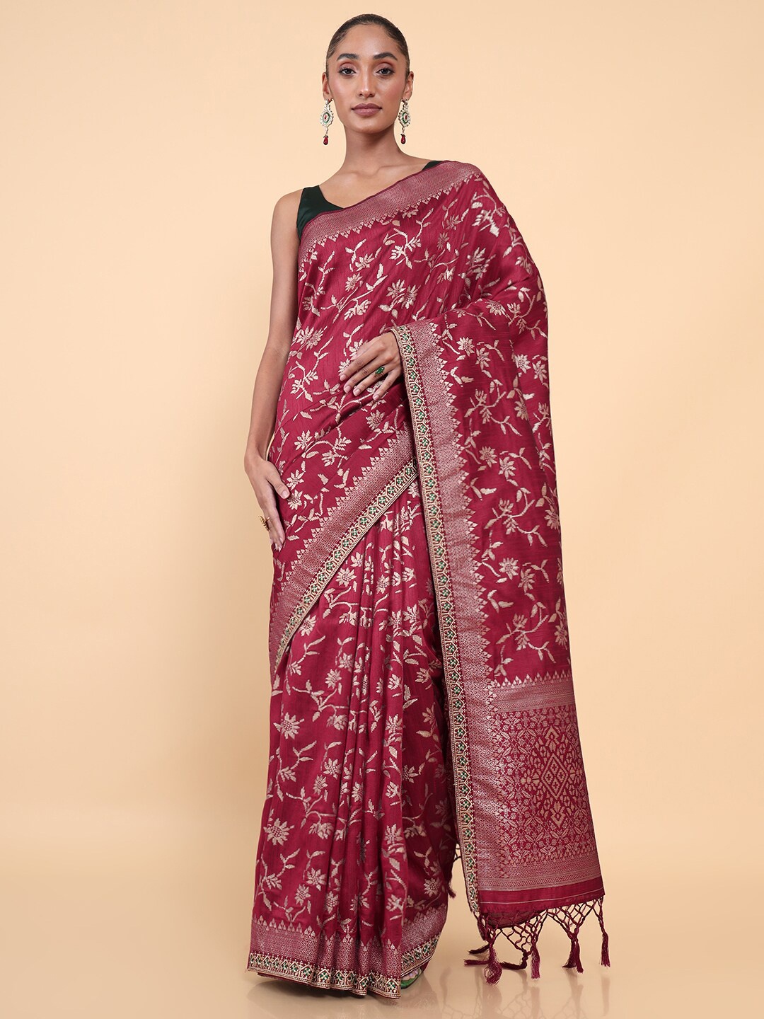 

Soch Maroon & Silver-Toned Woven Design Zari Silk Blend Saree