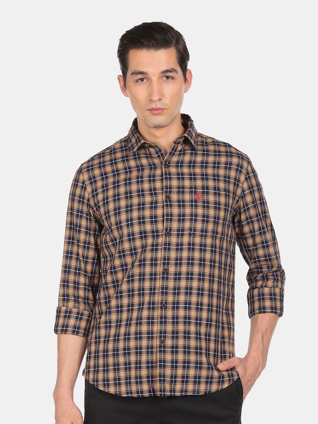 

U S Polo Assn Denim Co Men Brown Regular Fit Tartan Checks Cotton Casual Shirt