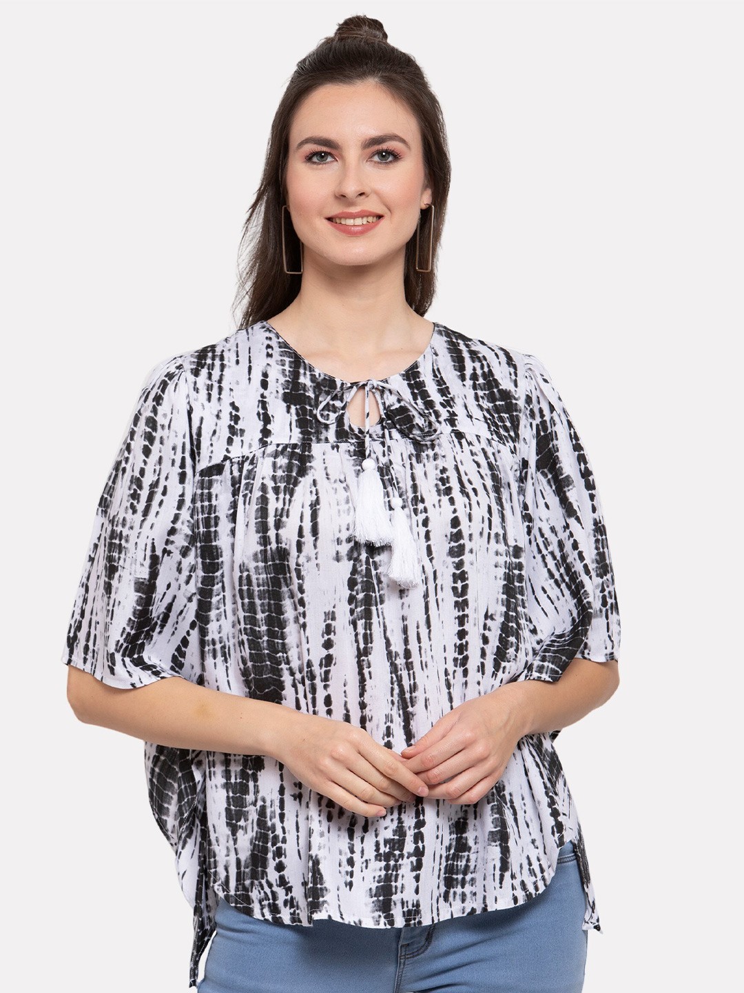 

PATRORNA Black & White Tie and Dye Tie-Up Neck Kaftan Cotton Blend Top