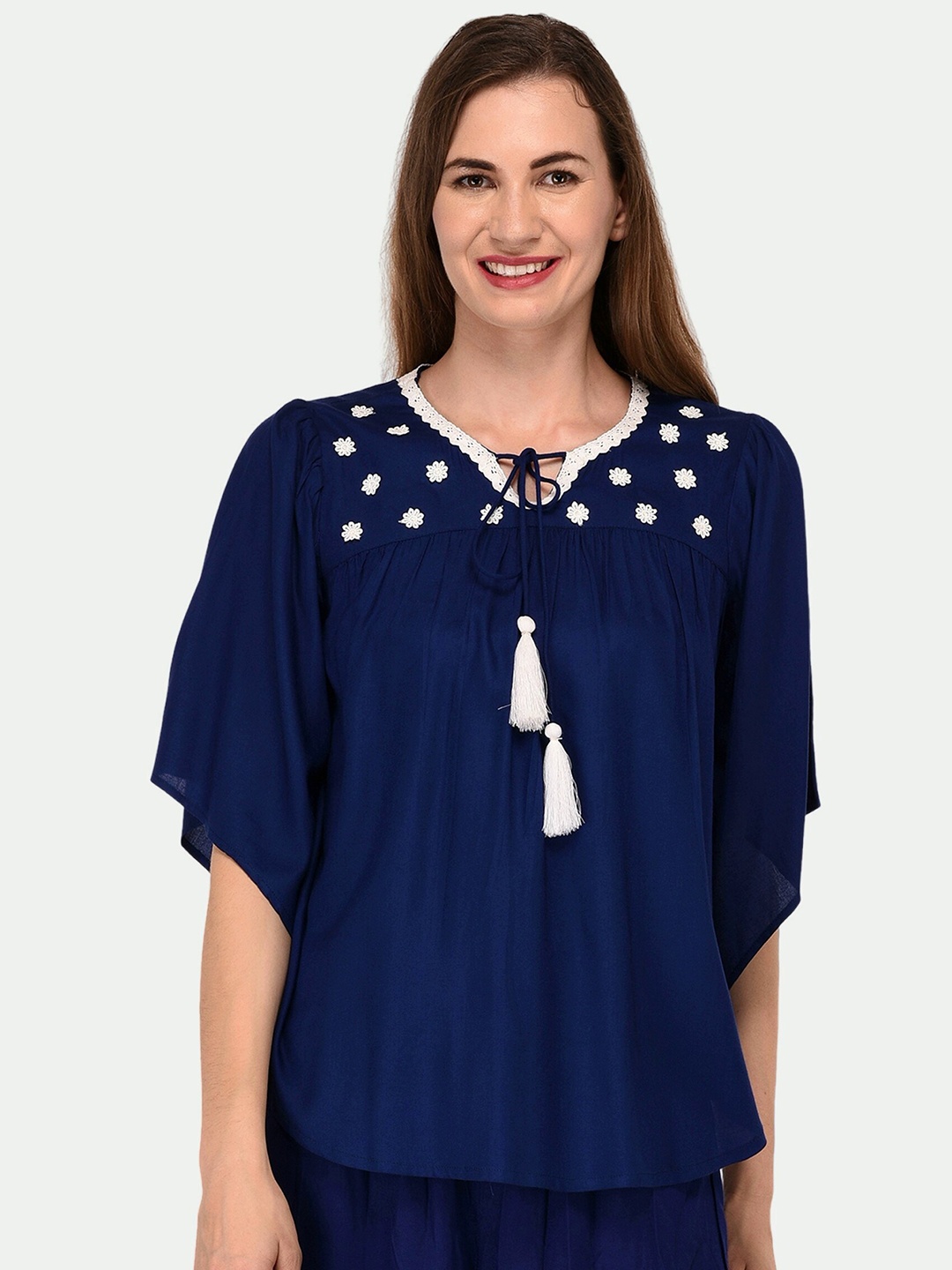 

PATRORNA Navy Blue Tie-Up Neck Flared Sleeves Cotton Blend Top