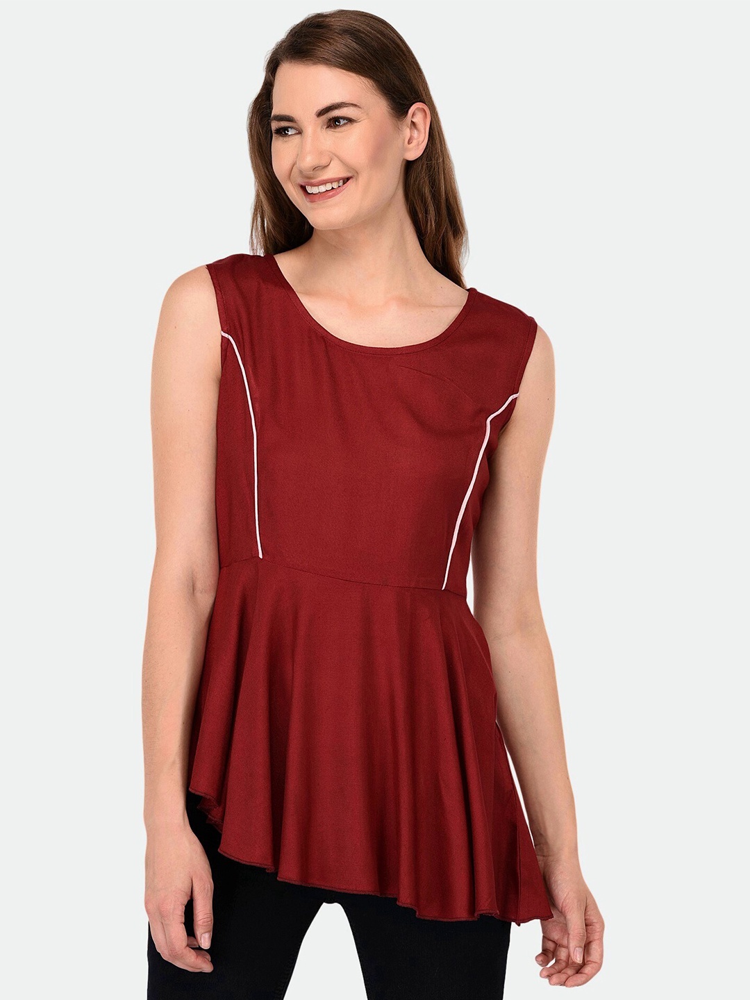 

PATRORNA Maroon Twisted Sleeveless Cotton Blend Peplum Top